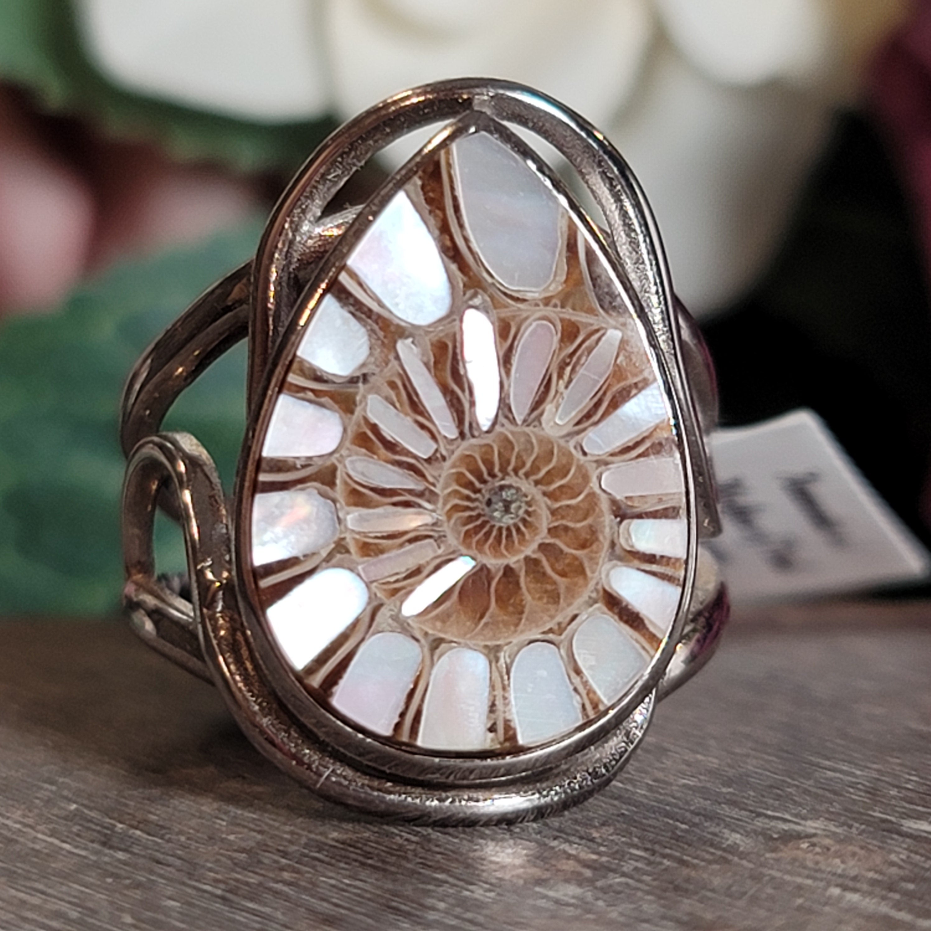 Ammonite with Mother of Pearl Cuff Ring .925 Silver for Embracing your Feminine Power, Memory and Peace of Mind