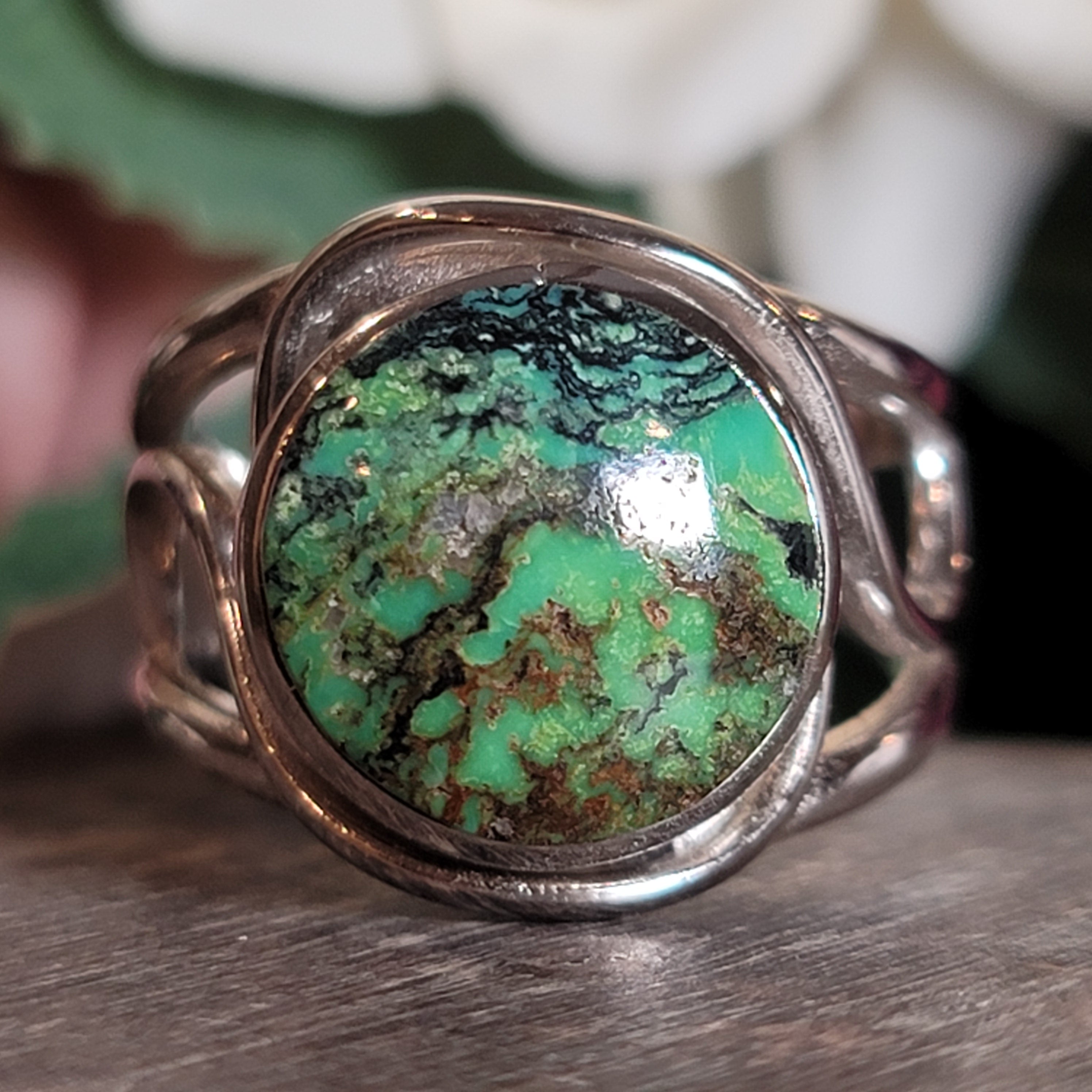 Green Turquoise Cuff Ring .925 Silver for New Beginnings & Divine Feminine