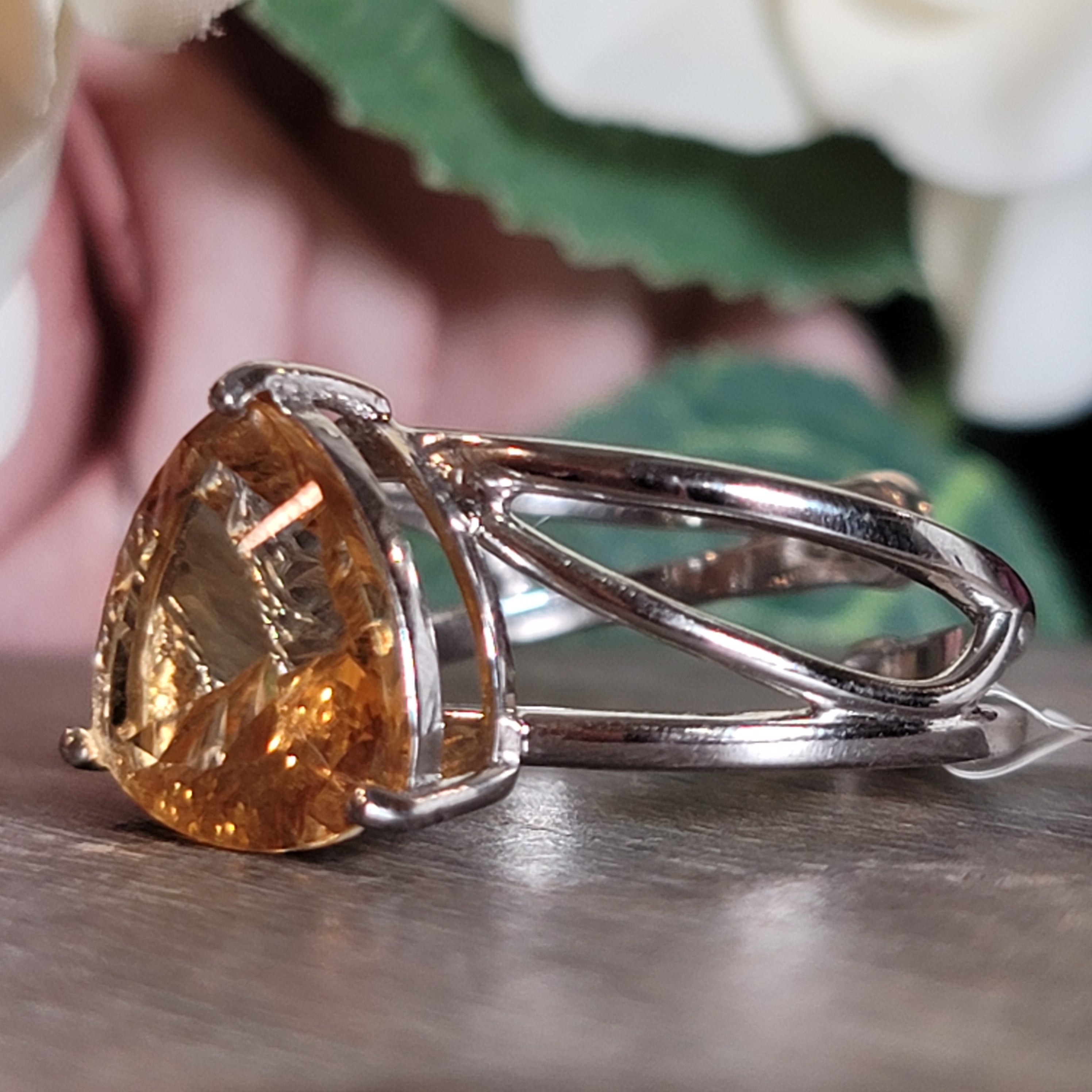 Citrine Triangle Adjustable Cuff Ring .925 Silver for Abundance, Good Luck and Positivity