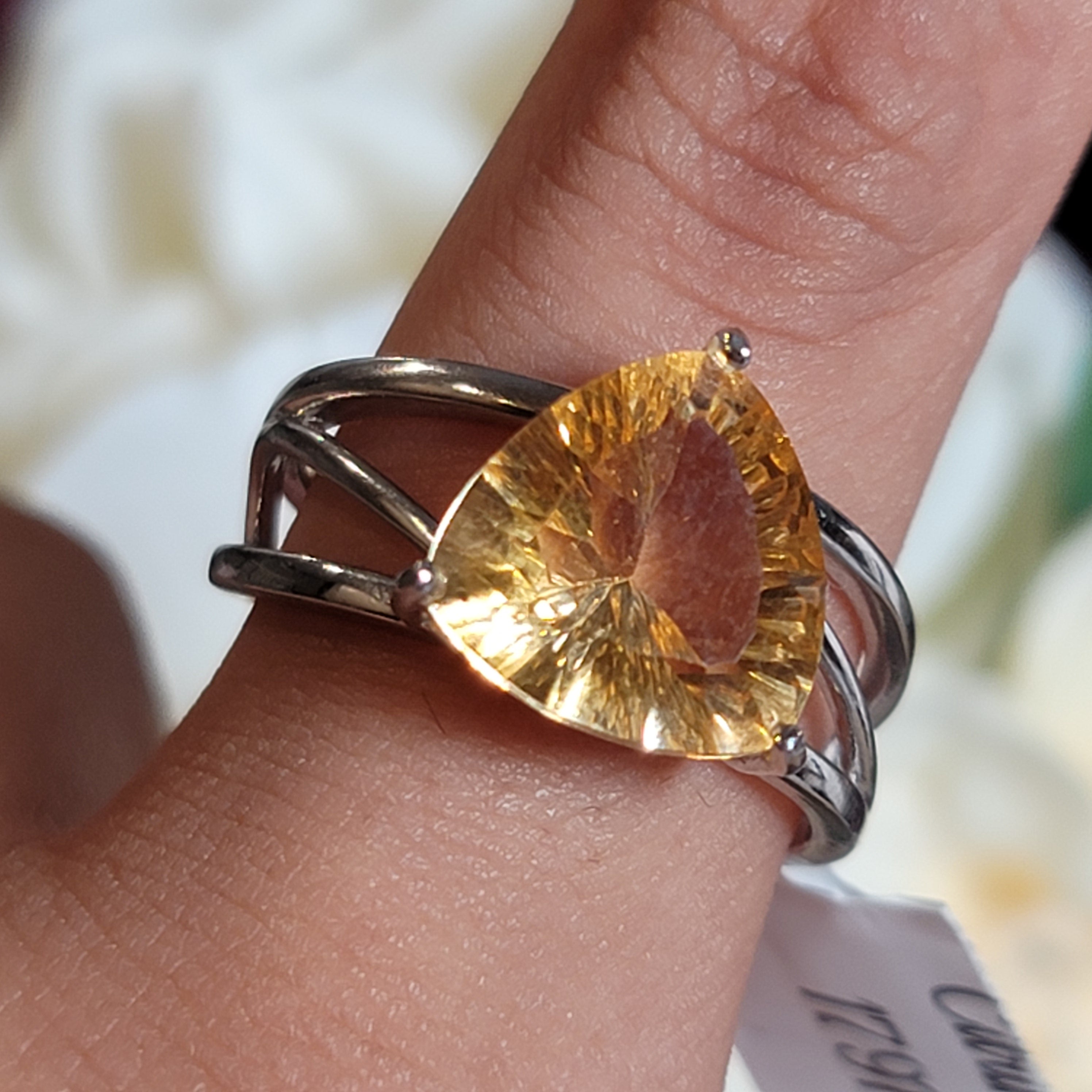 Citrine Triangle Adjustable Cuff Ring .925 Silver for Abundance, Good Luck and Positivity