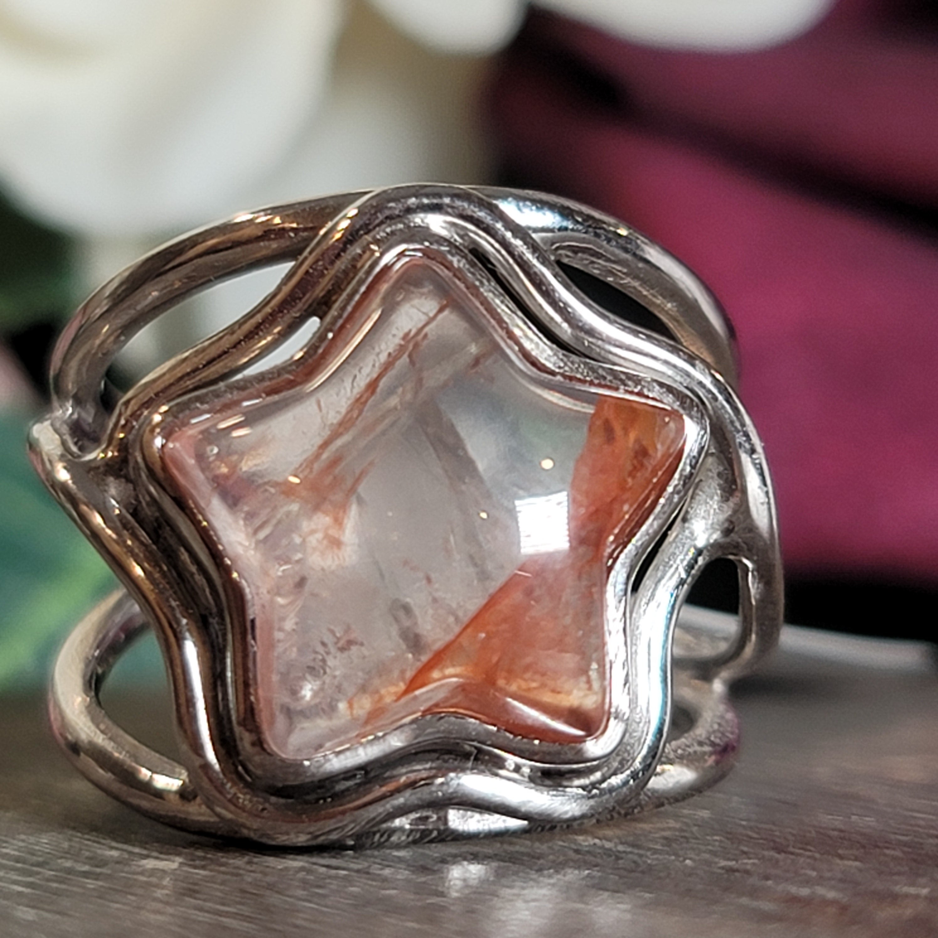 Fire Quartz Star Adjustable Cuff Ring .925 Sterling Silver for Bringing Balance, Clarity, Focus & Increasing Self-Esteem