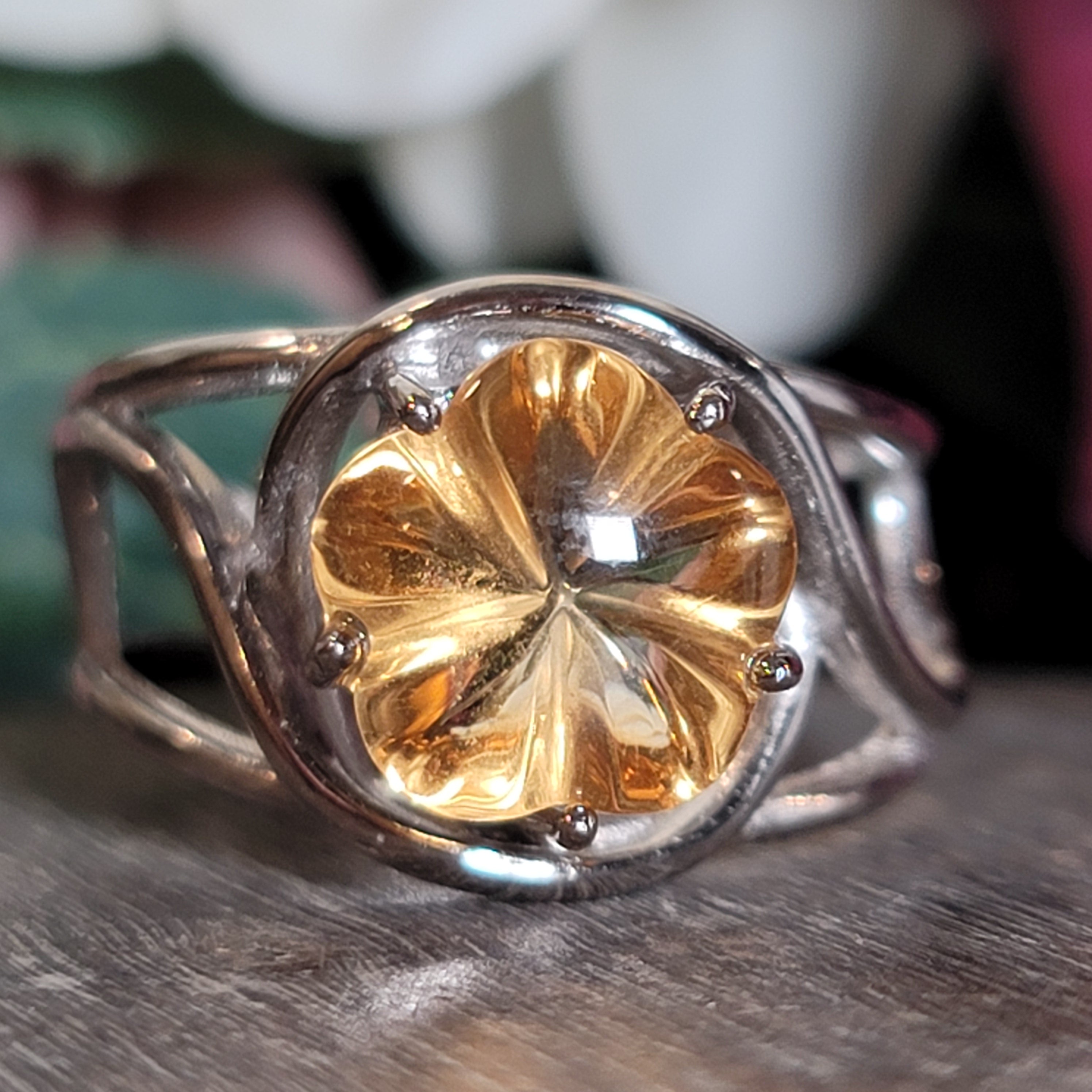 Citrine Flower Adjustable Cuff Ring .925 Silver for Abundance, Good Luck and Positivity