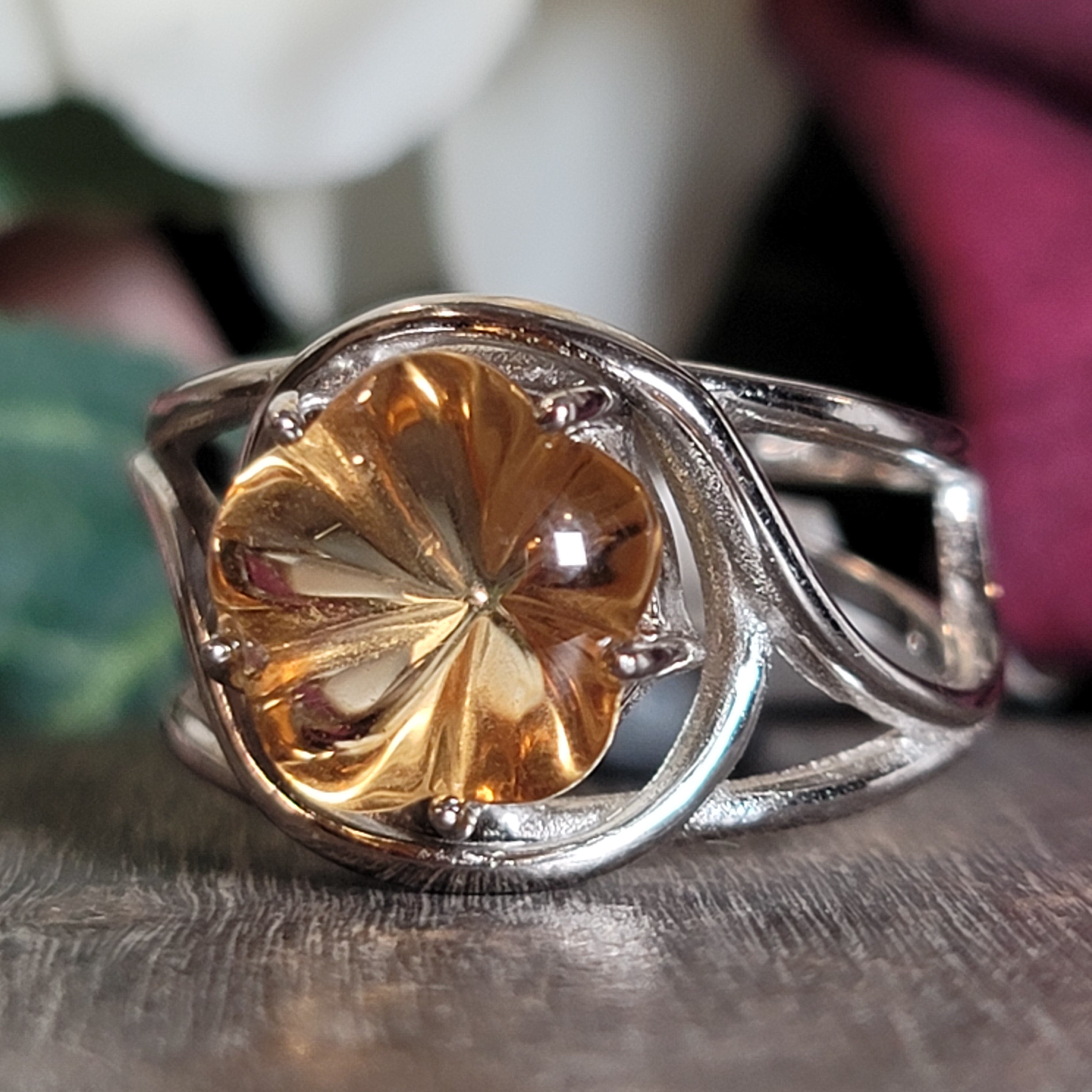 Citrine Flower Adjustable Cuff Ring .925 Silver for Abundance, Good Luck and Positivity