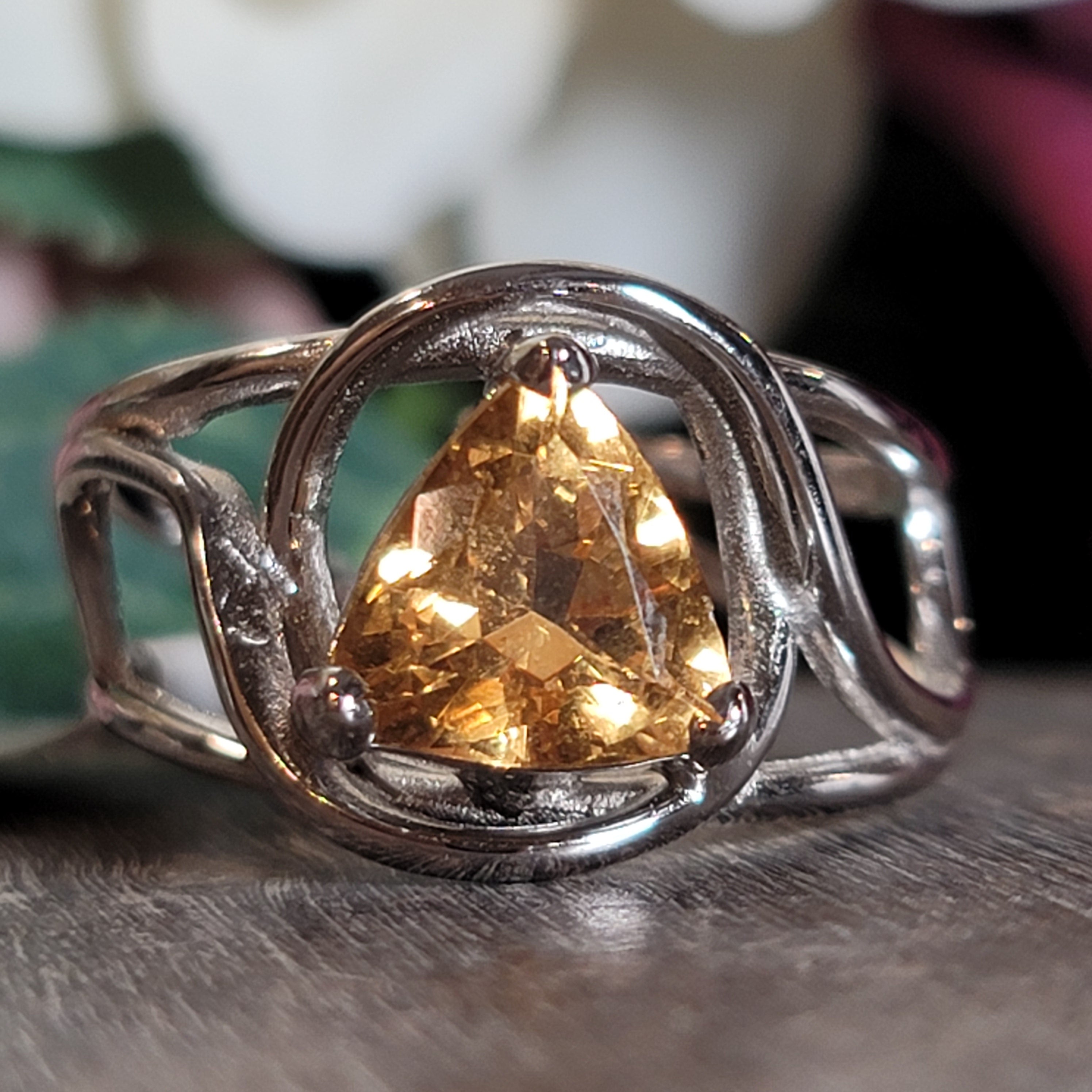 Citrine Brazil Triangle Adjustable Cuff Ring .925 Silver for Abundance, Good Luck and Positivity