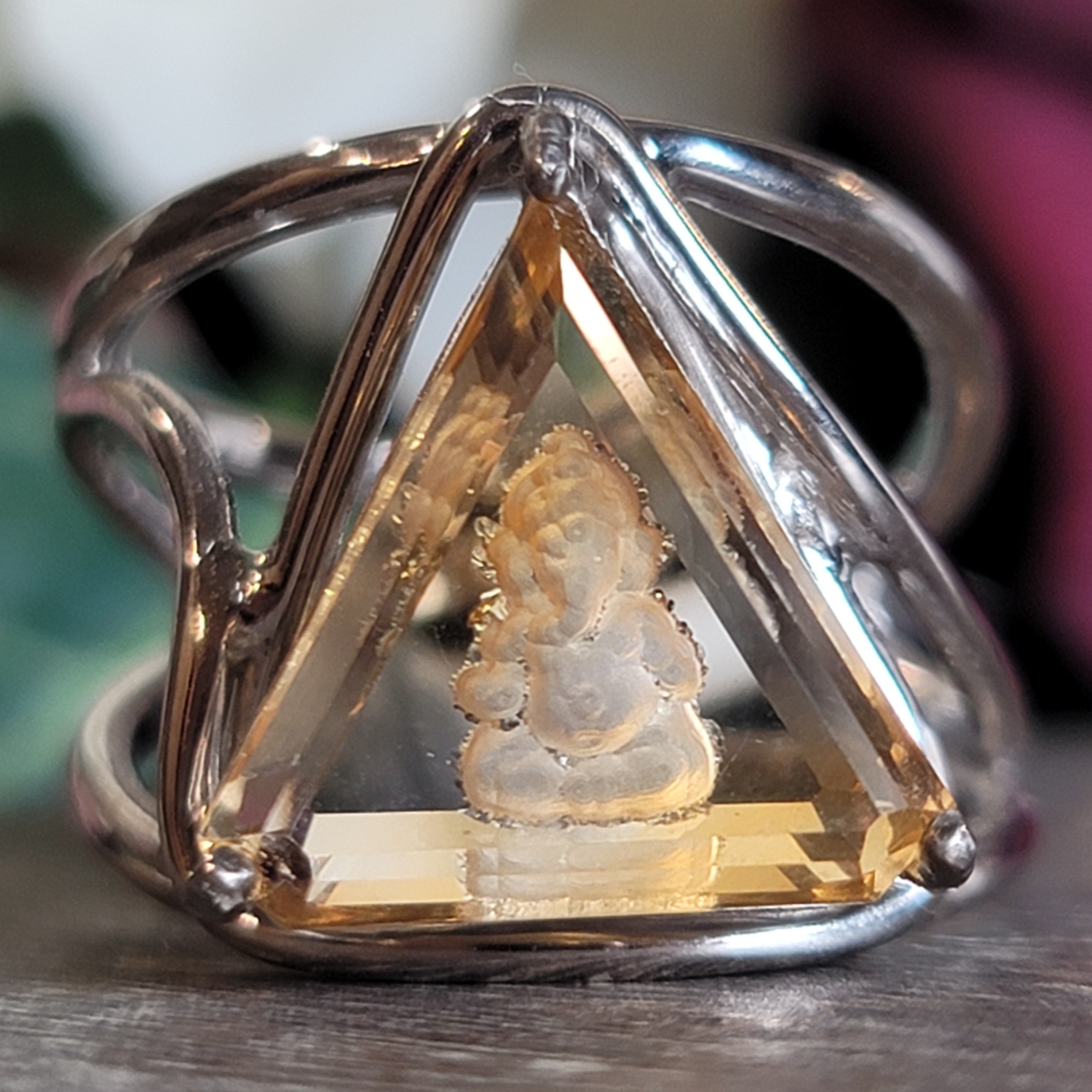 Citrine Ganesha Adjustable Cuff Ring .925 Silver for Abundance, Good Luck and Positivity