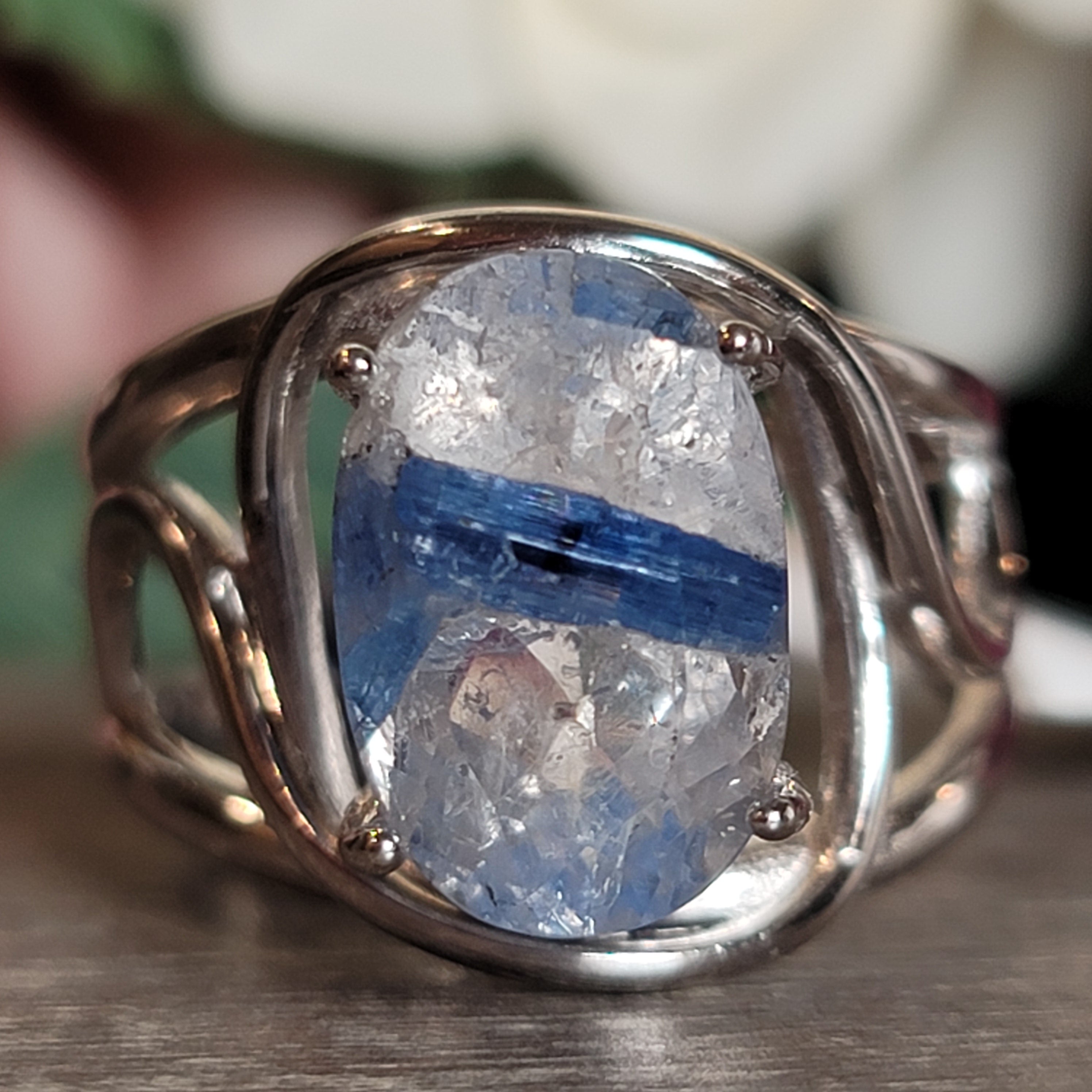 Kyanite in Quartz Cuff Ring .925 Silver for Energetic Clearing and Purification