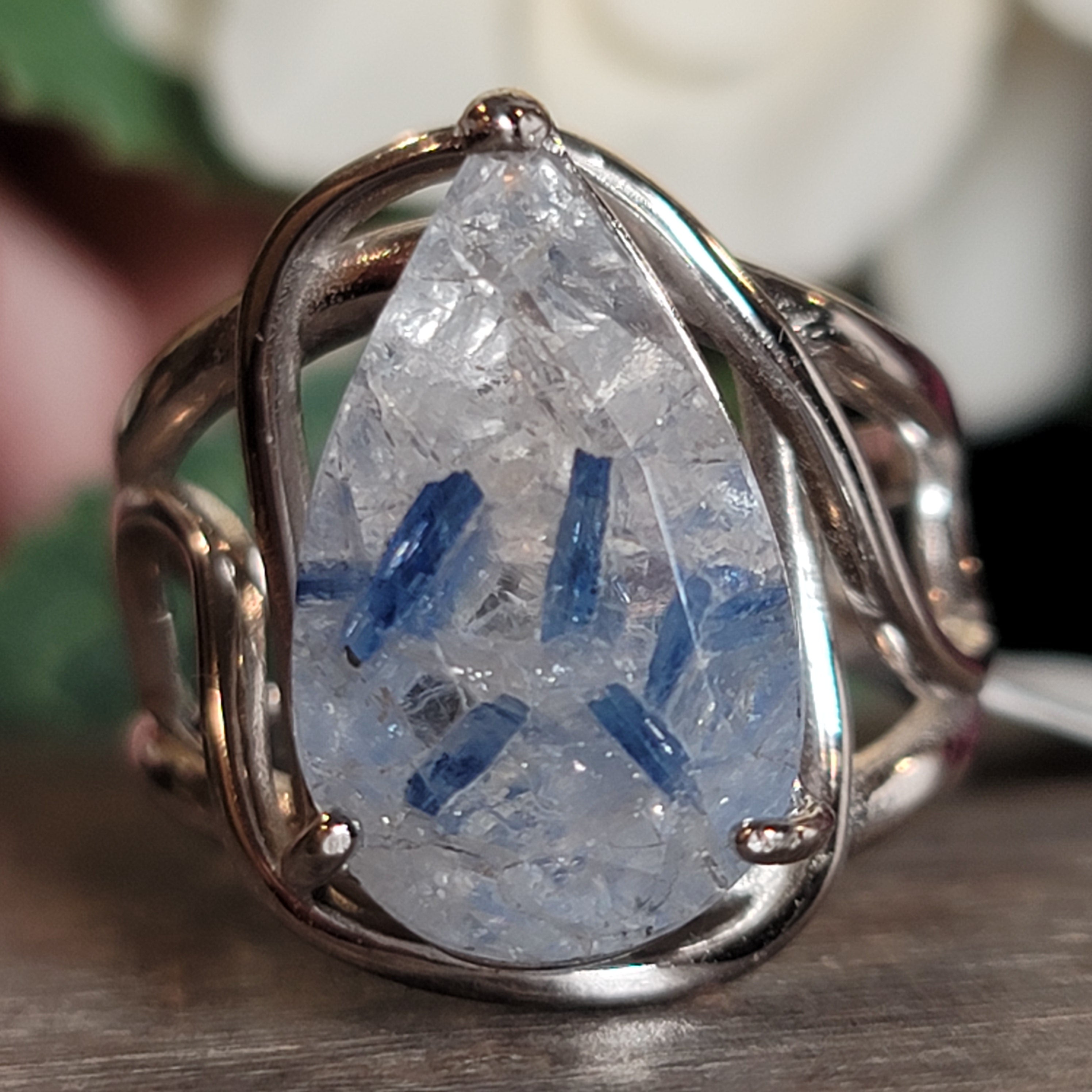 Kyanite in Quartz Cuff Ring .925 Silver for Energetic Clearing and Purification