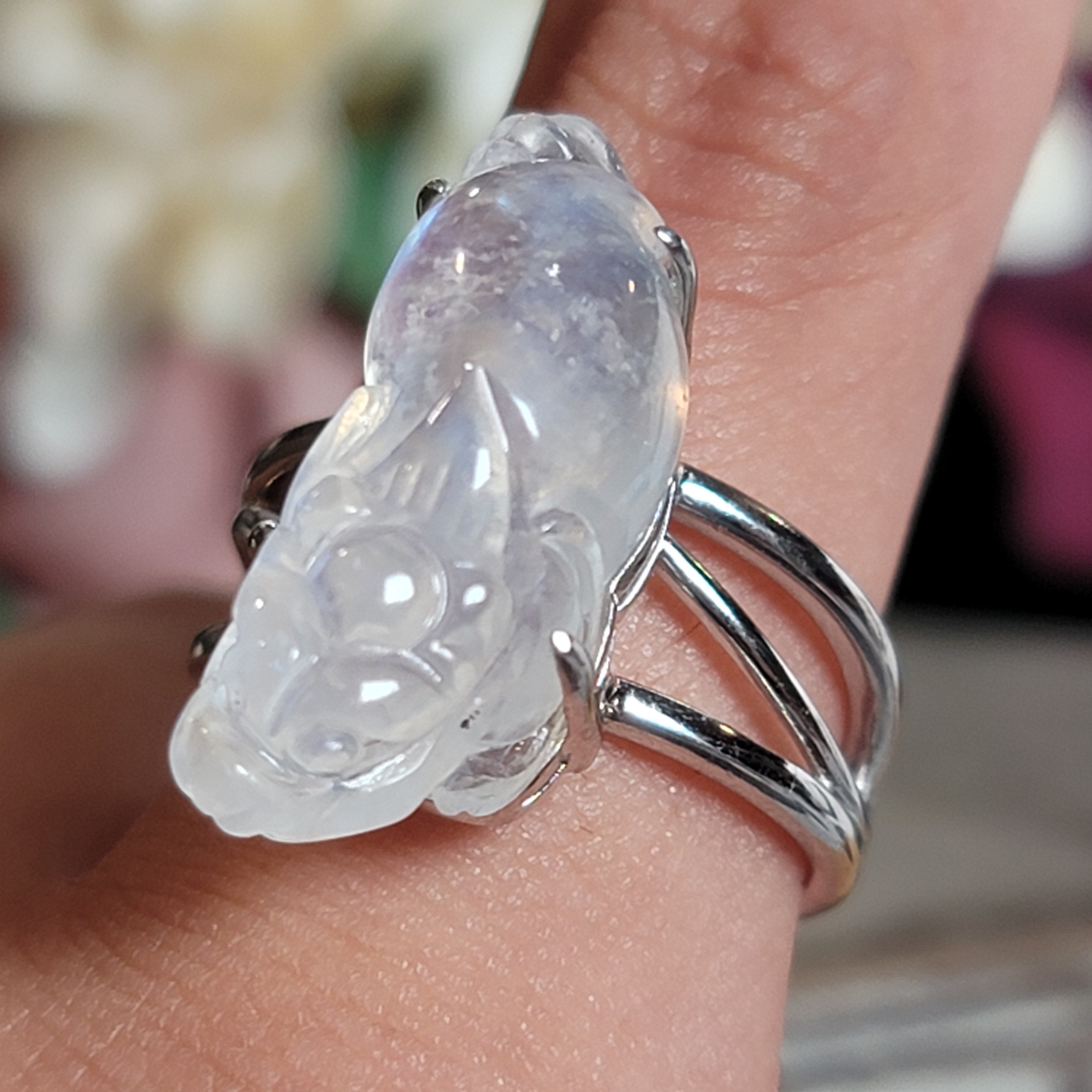 Moonstone Money Toad Cuff Ring .925 Silver for New Beginnings, Protection and Manifestation