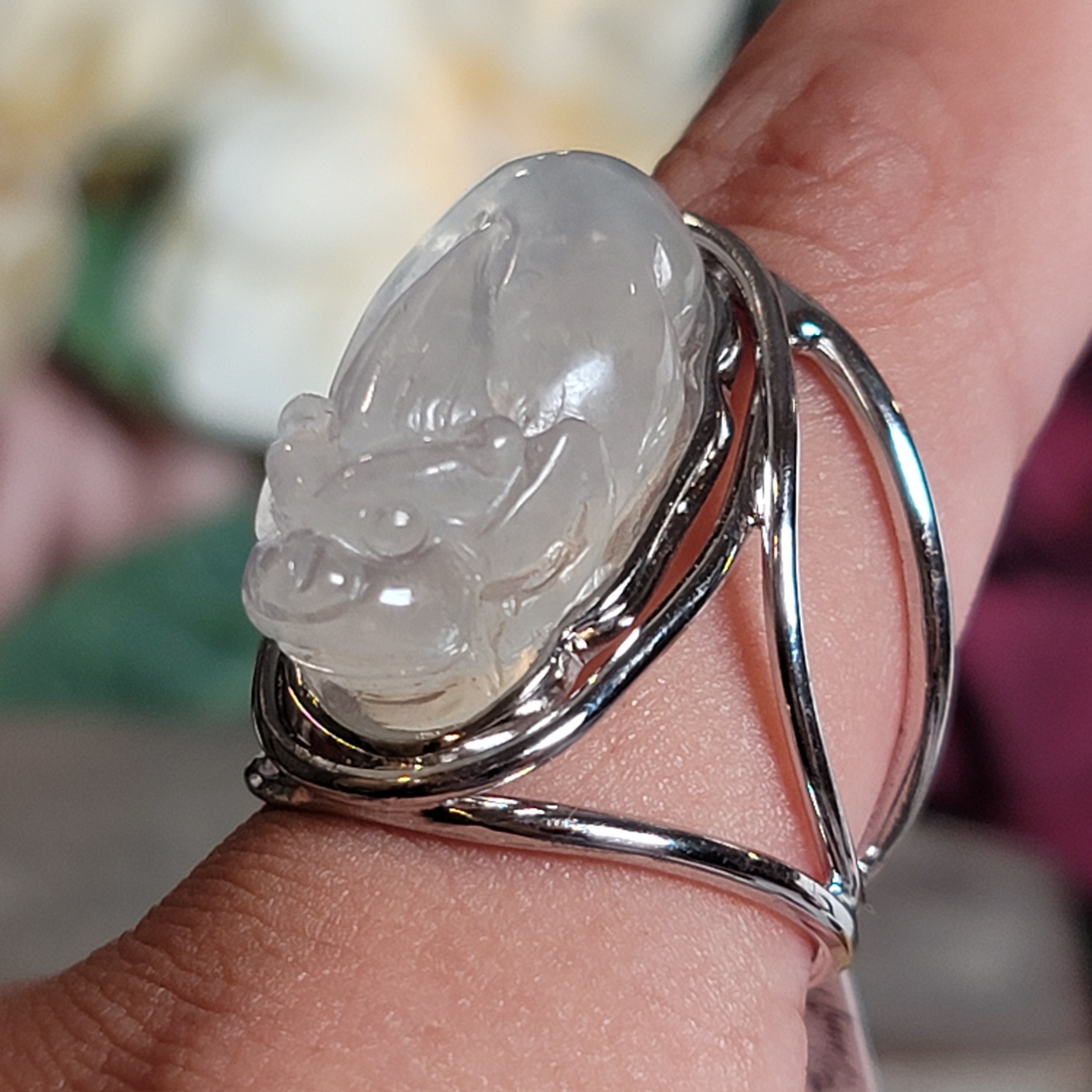 Moonstone Money Toad Cuff Ring .925 Silver for New Beginnings, Protection and Manifestation