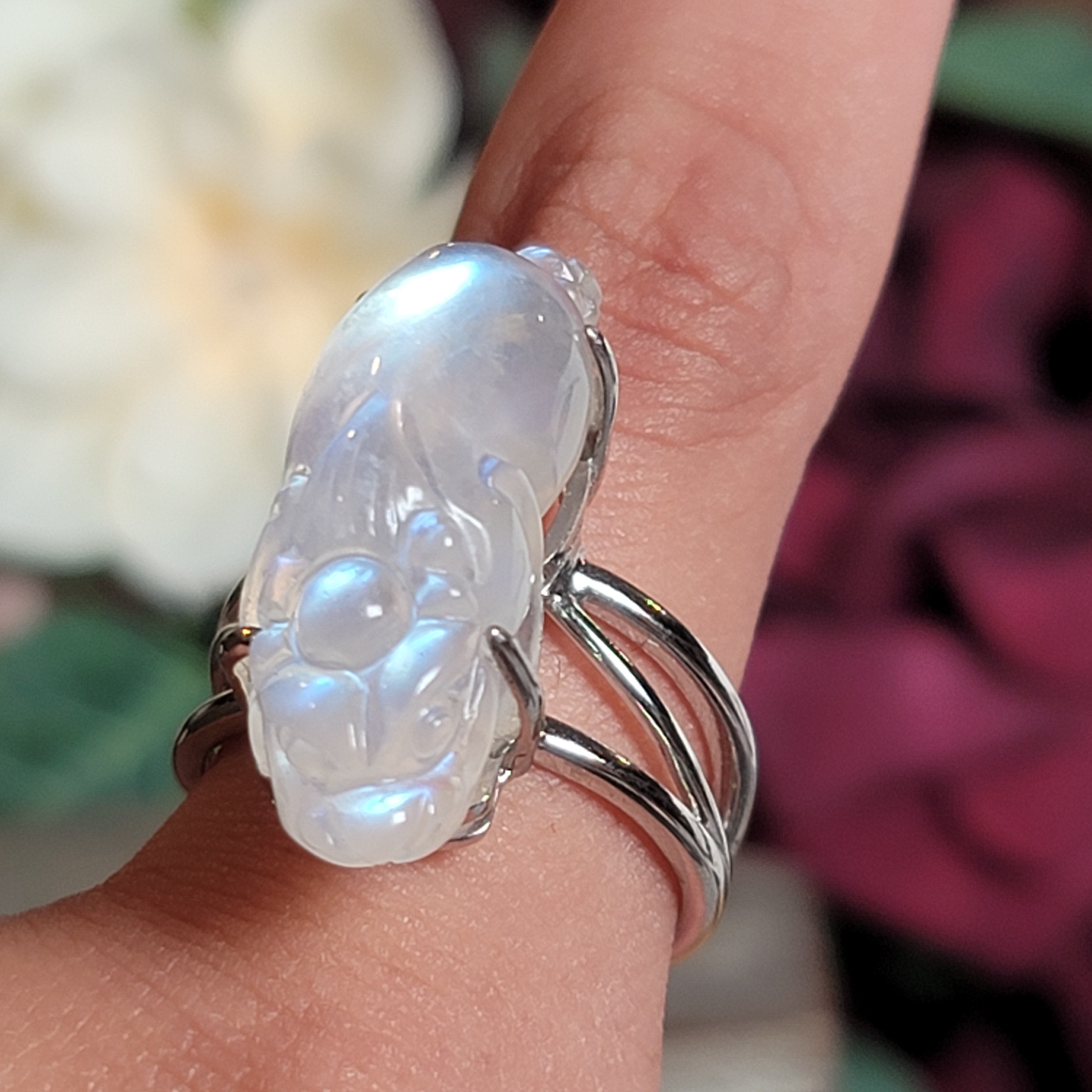 Moonstone Money Toad Cuff Ring .925 Silver for New Beginnings, Protection and Manifestation