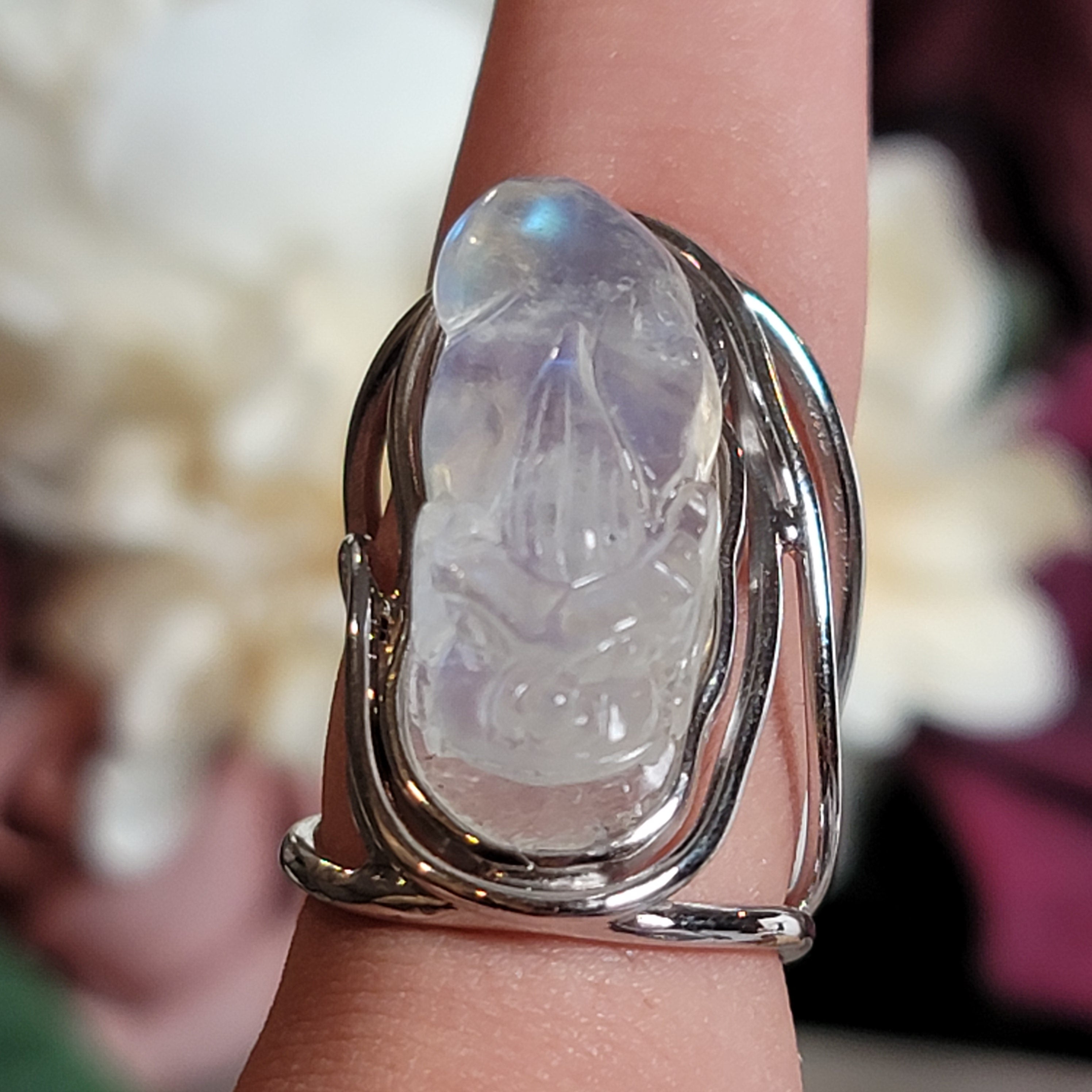 Moonstone Money Toad Cuff Ring .925 Silver for New Beginnings, Protection and Manifestation