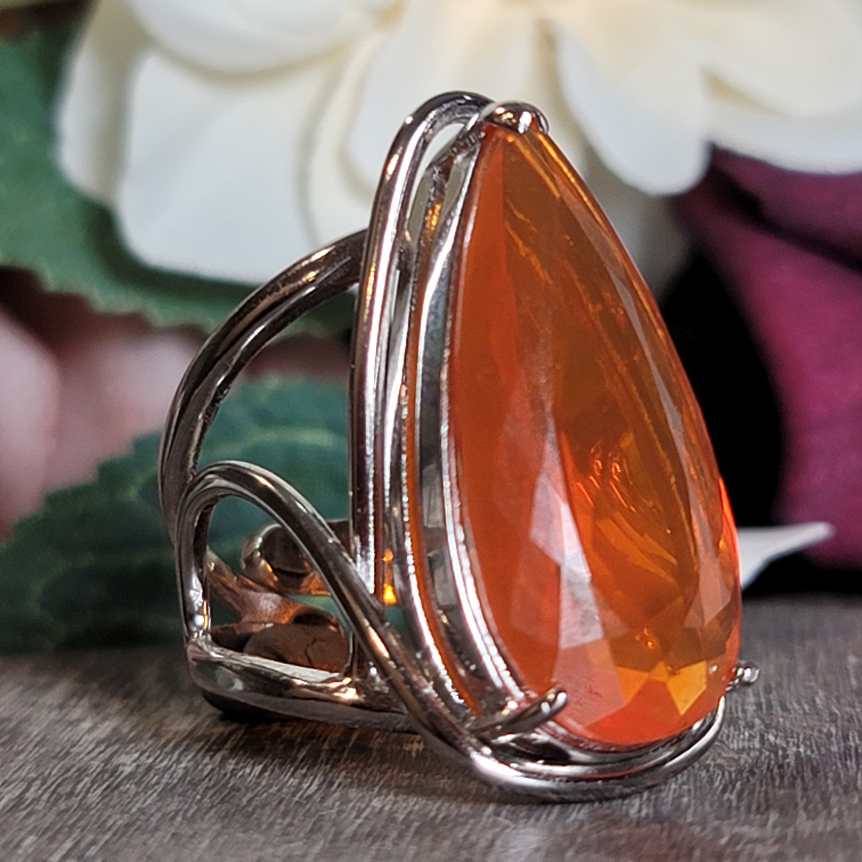 Fire Opal Cuff Ring .925 Silver for Confidence and Increasing Motivation