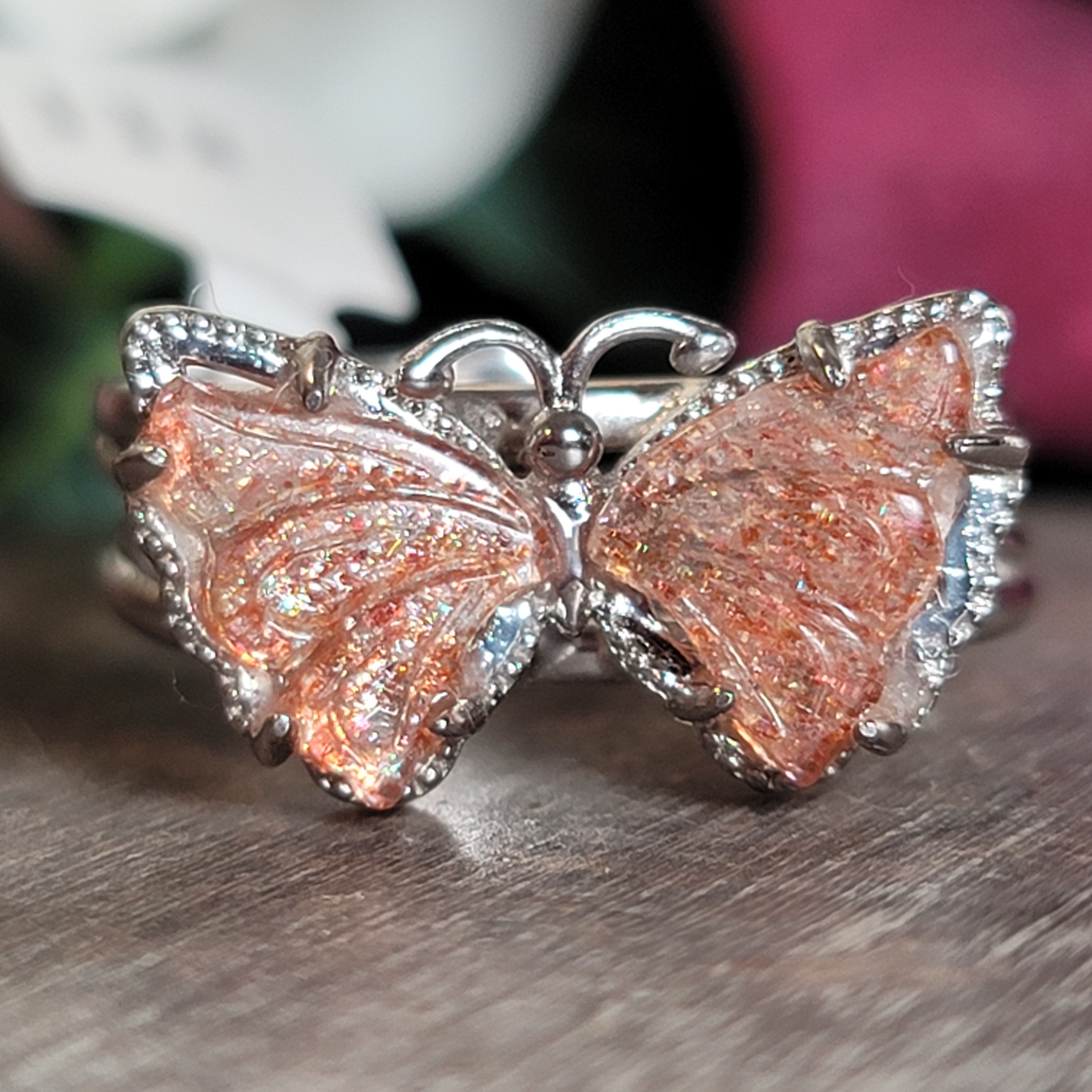 Sunstone Butterfly Cuff Ring .925 Silver for Confidence and Strength