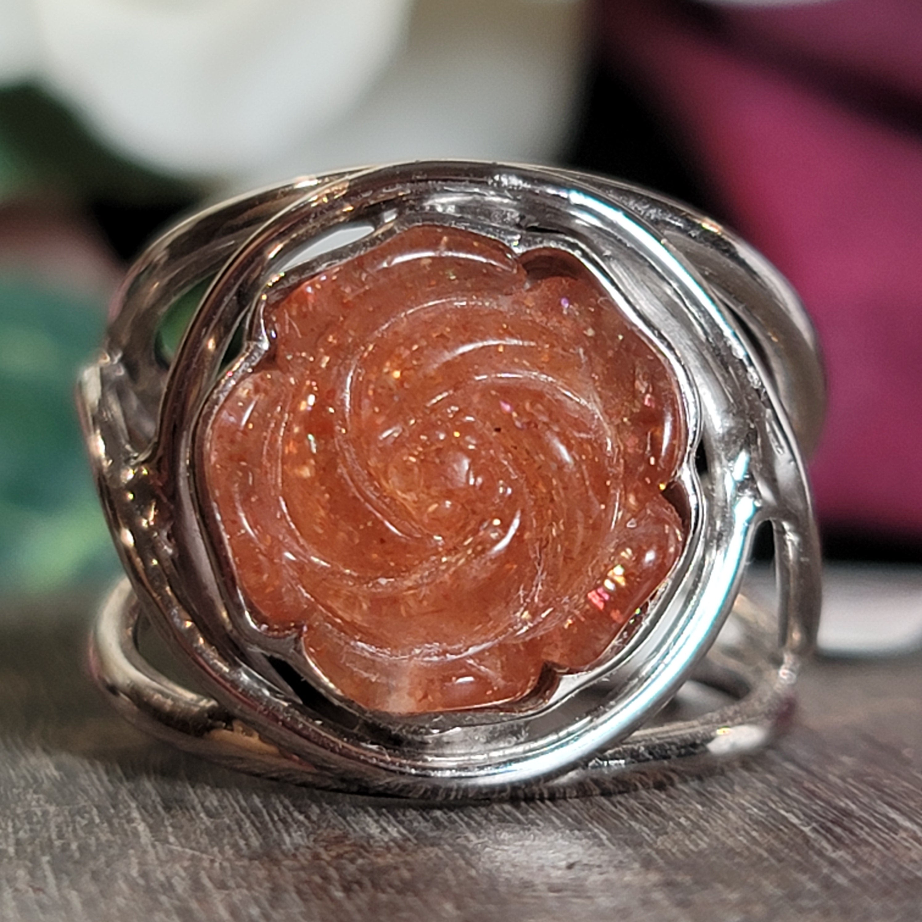 Sunstone Rose Cuff Ring .925 Silver for Confidence and Strength