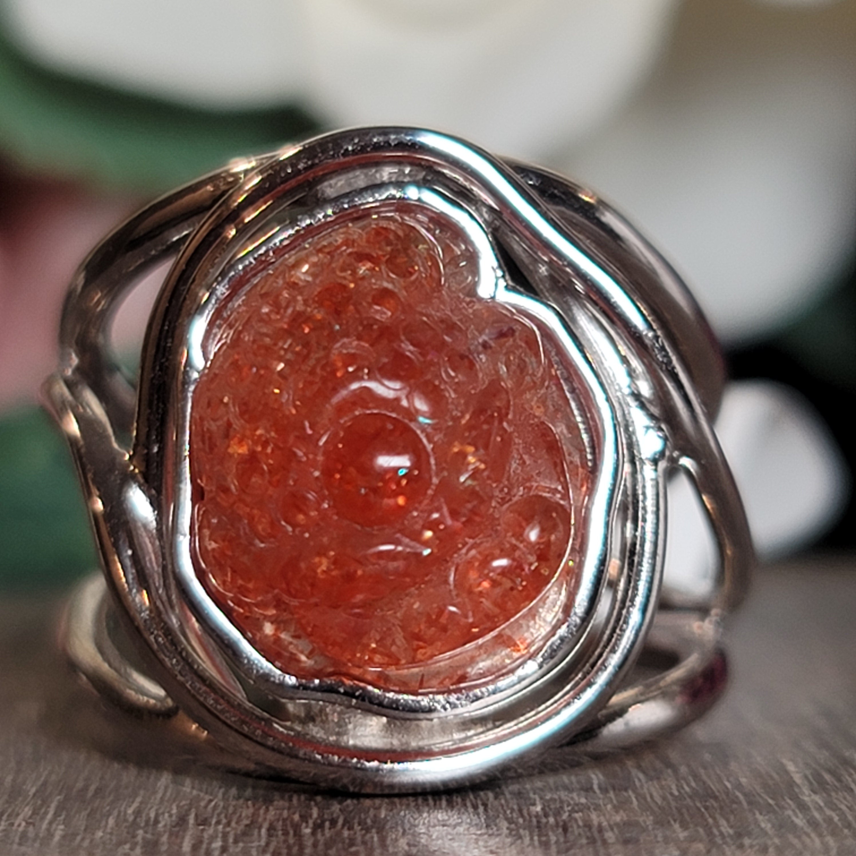 Sunstone Money Toad Cuff Ring .925 Silver for Confidence and Strength