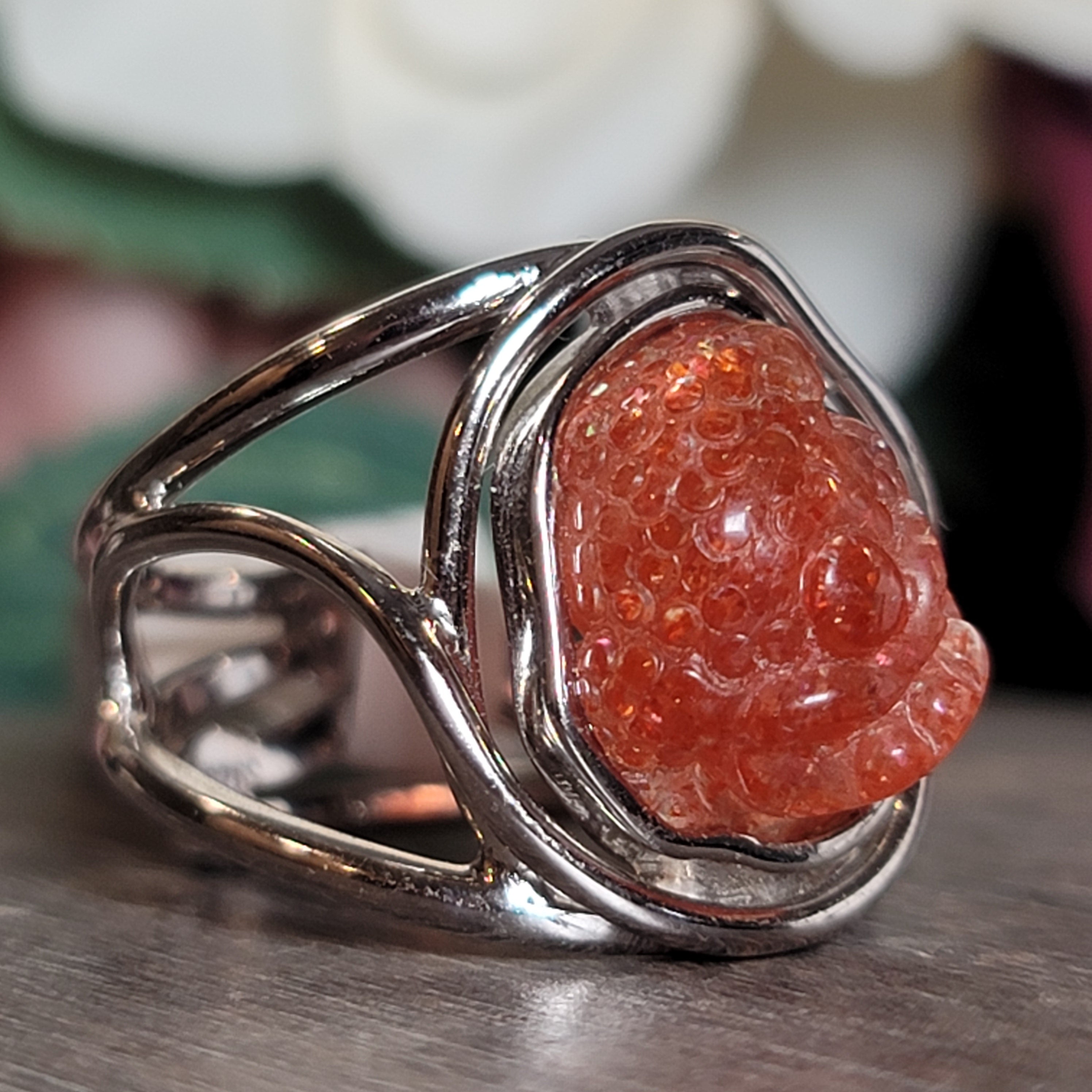 Sunstone Money Toad Cuff Ring .925 Silver for Confidence and Strength