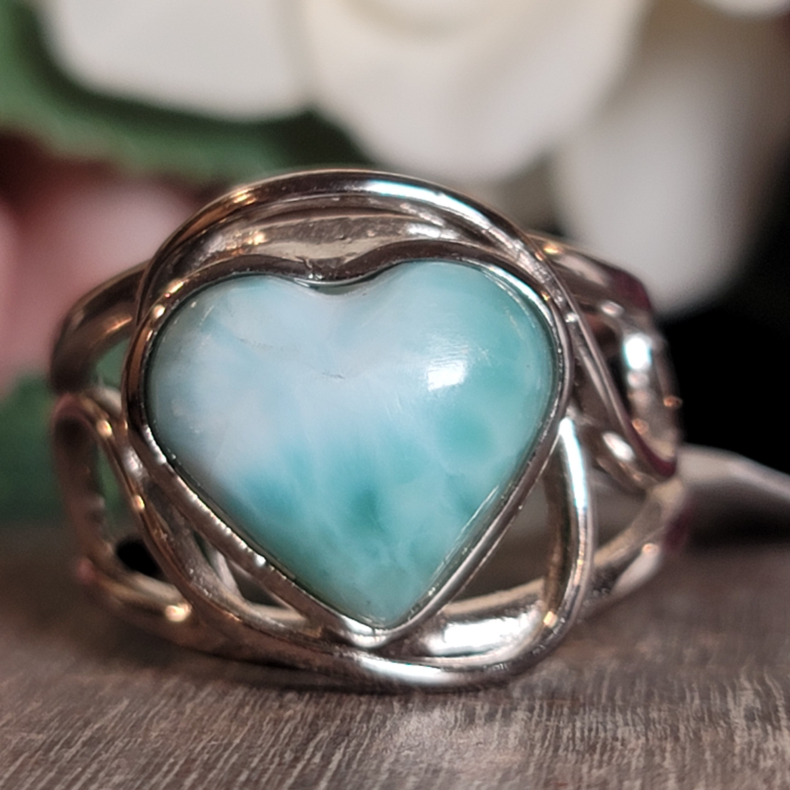 Larimar Heart Cuff Ring .925 Silver for Peace and Tranquility