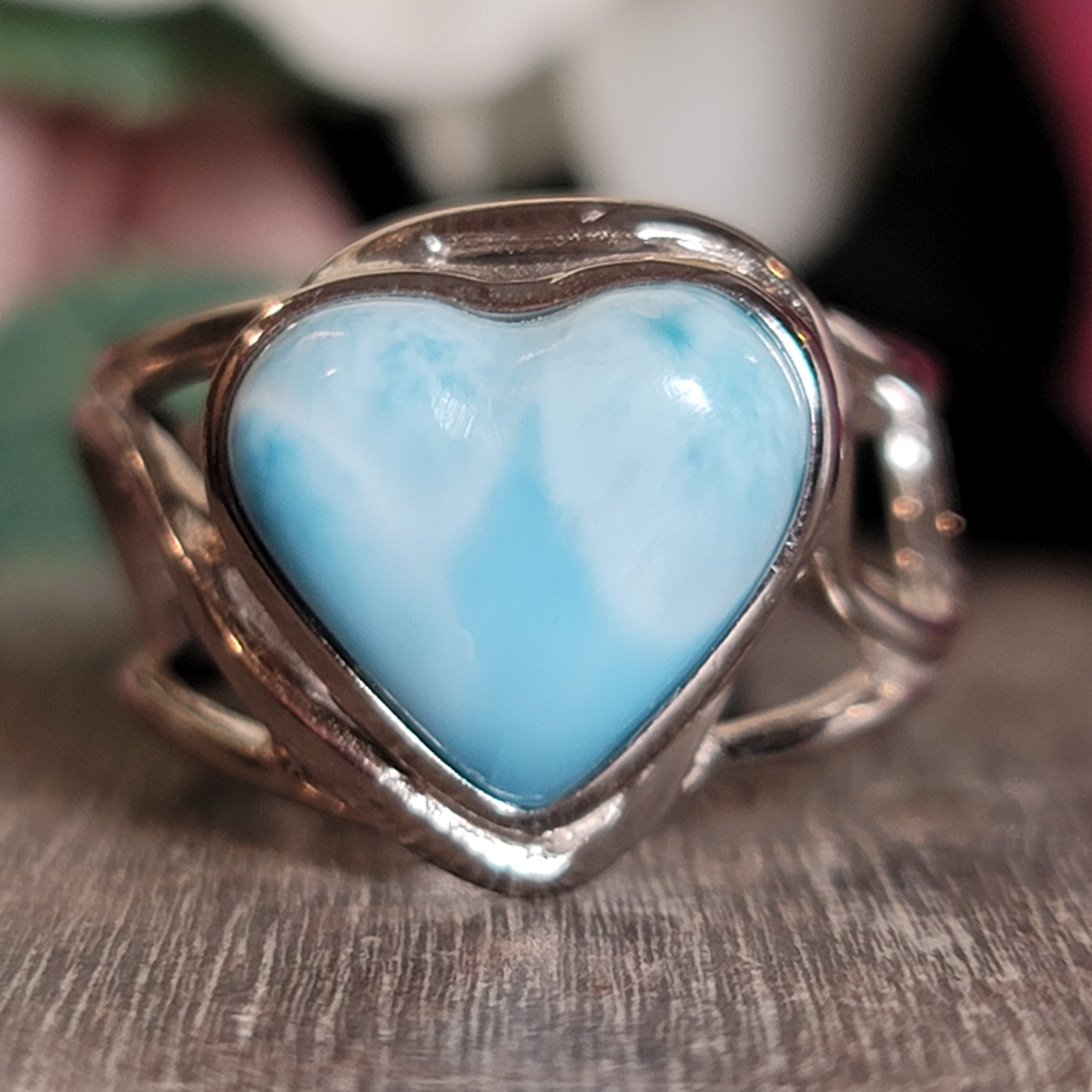 Larimar Heart Cuff Ring .925 Silver for Peace and Tranquility