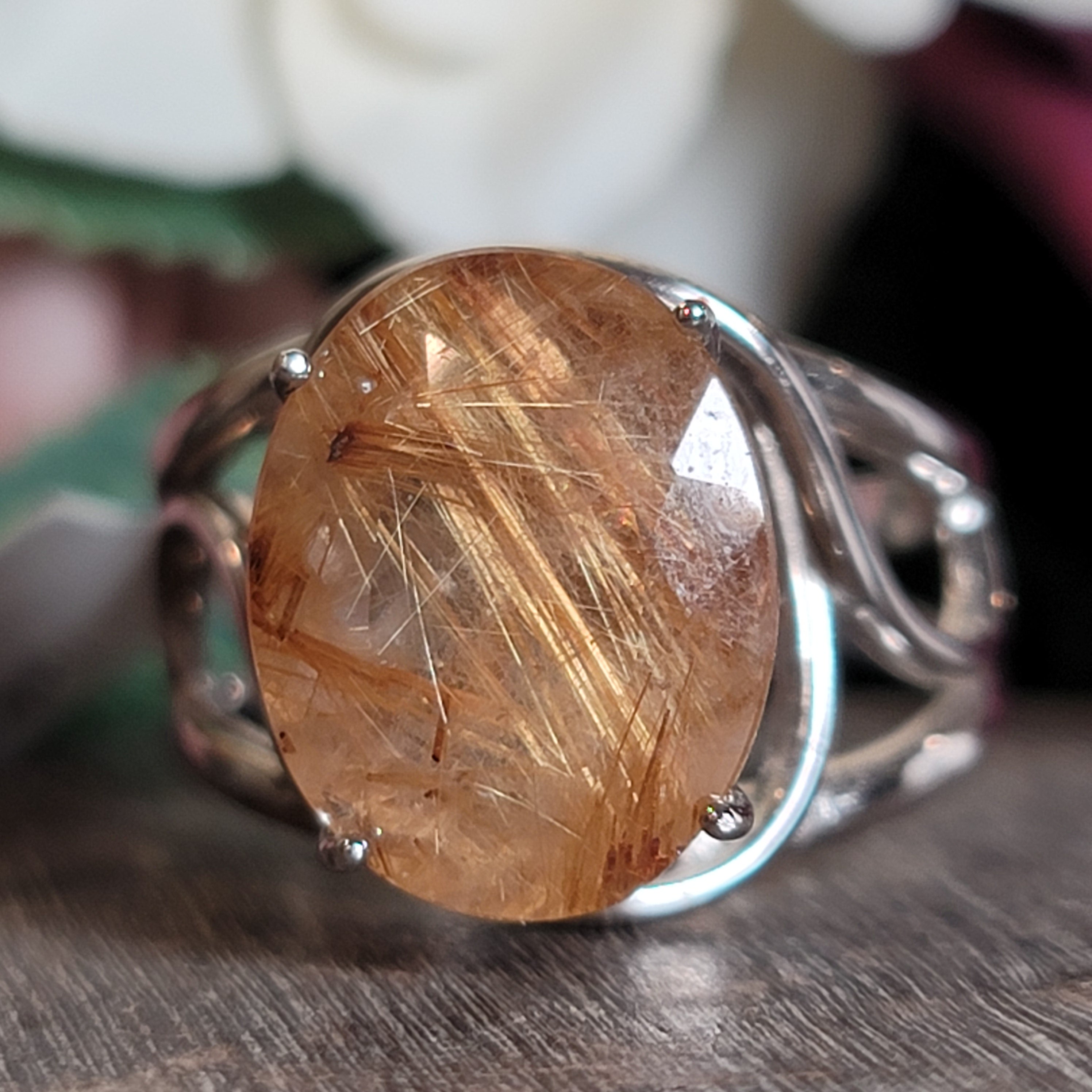 Gold Rutile Cuff Ring .925 Silver for Insight, Meditation & Shamanic Journey