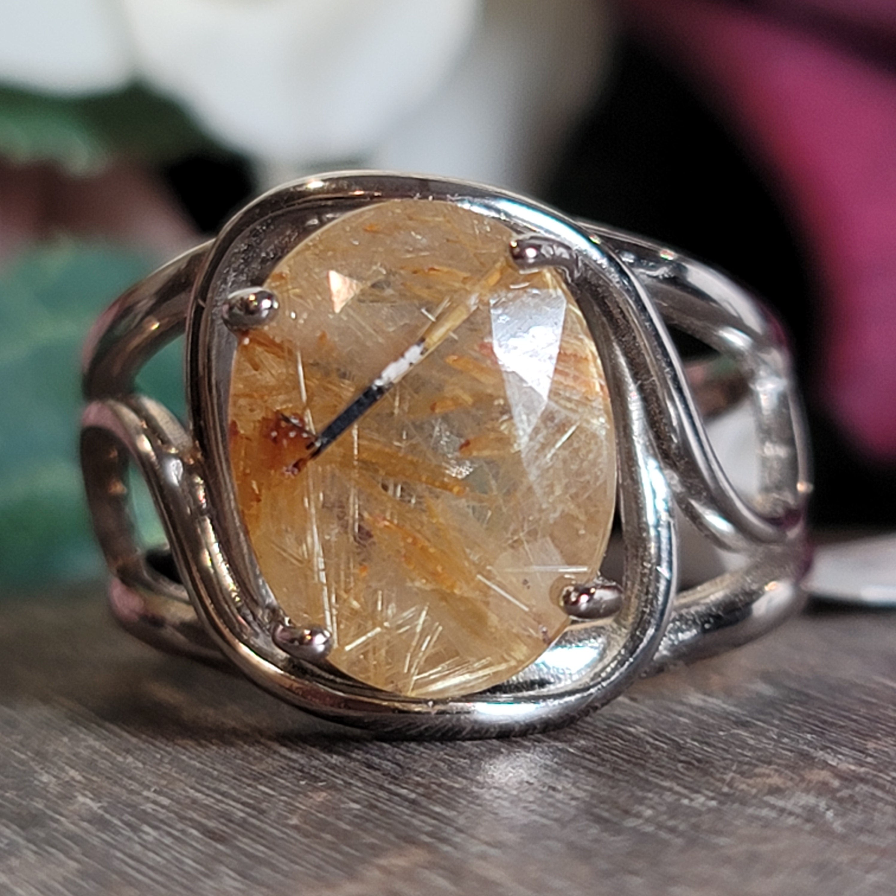 Gold Rutile Cuff Ring .925 Silver for Insight, Meditation & Shamanic Journey