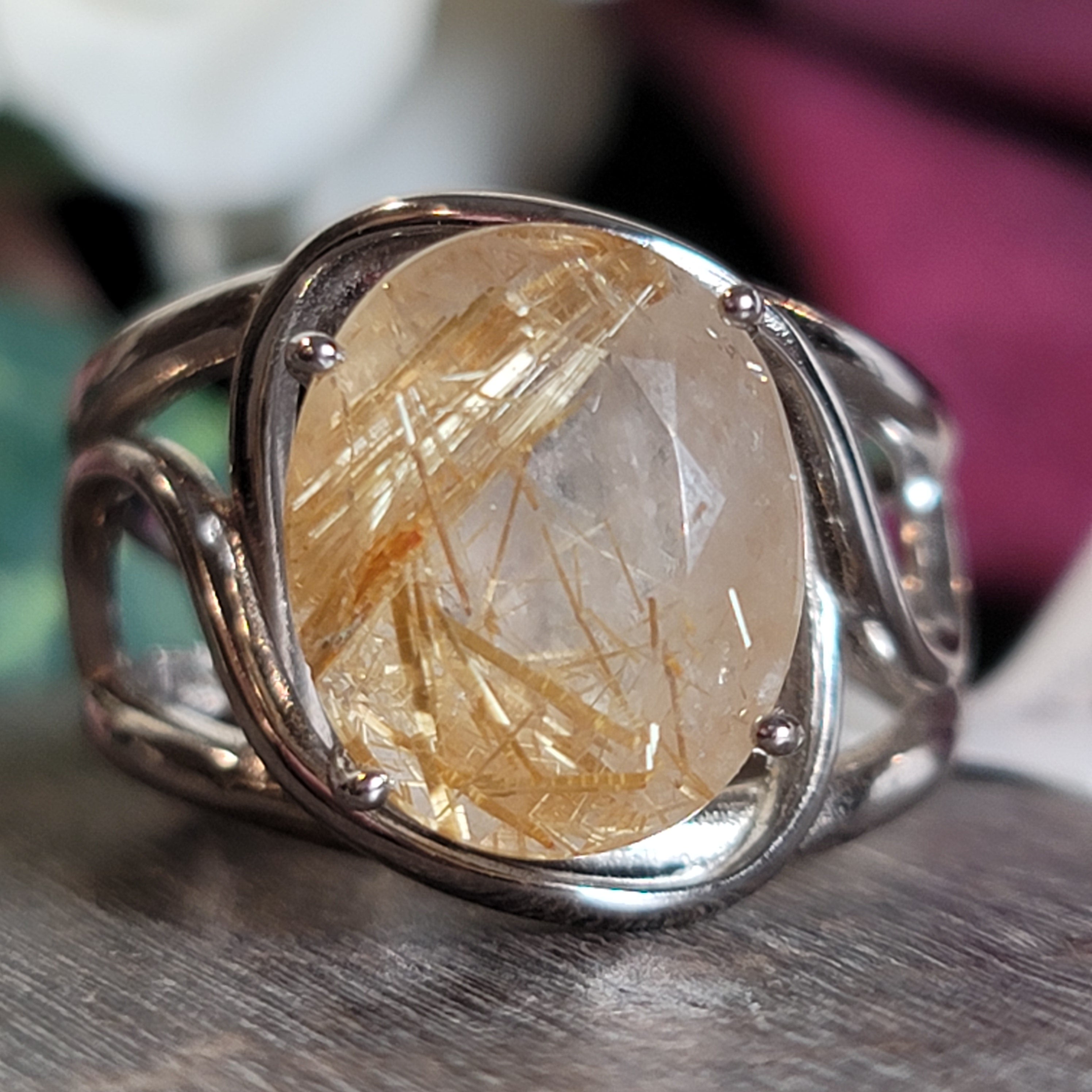 Gold Rutile Cuff Ring .925 Silver for Insight, Meditation & Shamanic Journey