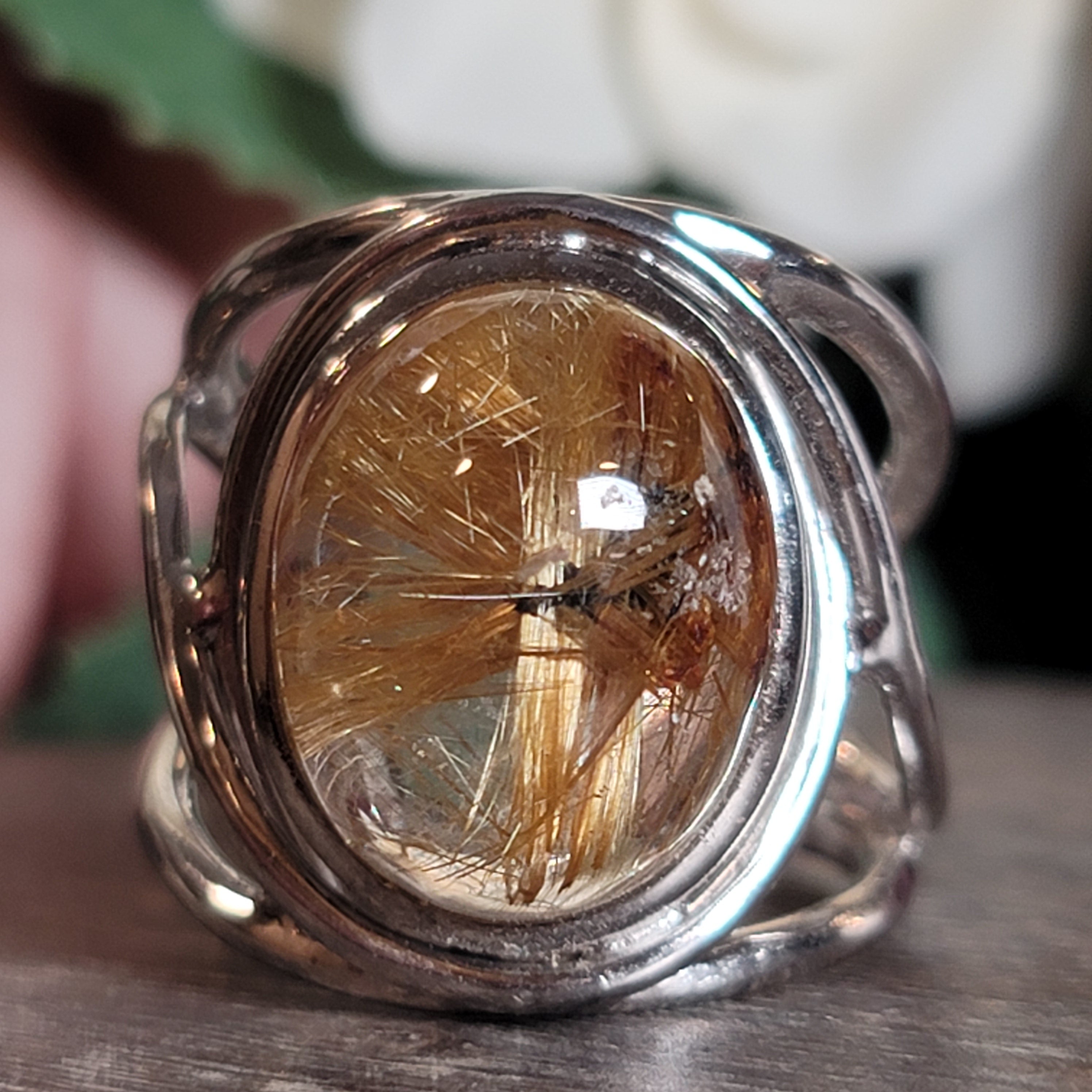 Star Gold Rutile Cuff Ring .925 Silver for Accelerating Manifestations