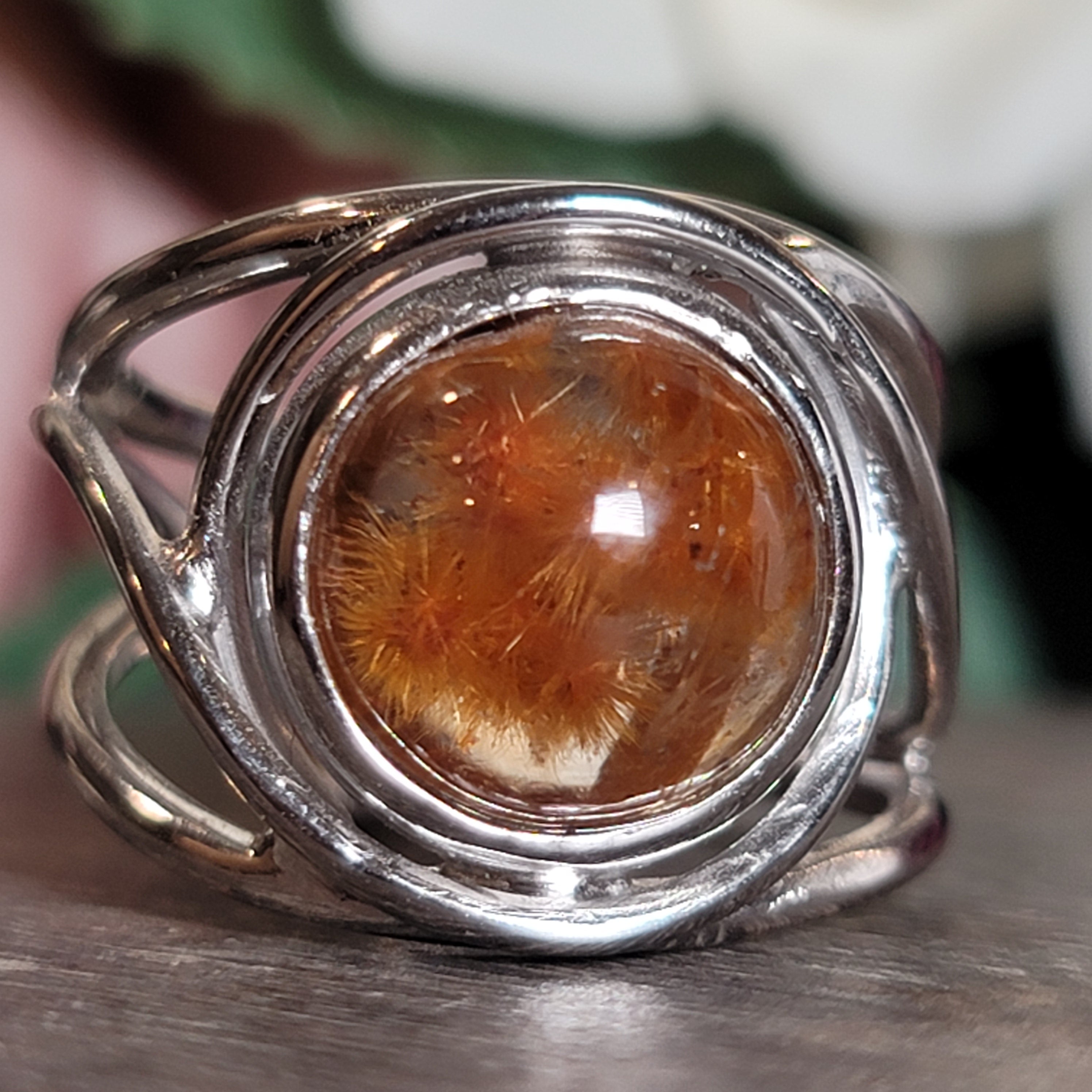 Garden Quartz with Gold Rutile Cuff Ring .925 Silver for Insight, Meditation & Shamanic Journey