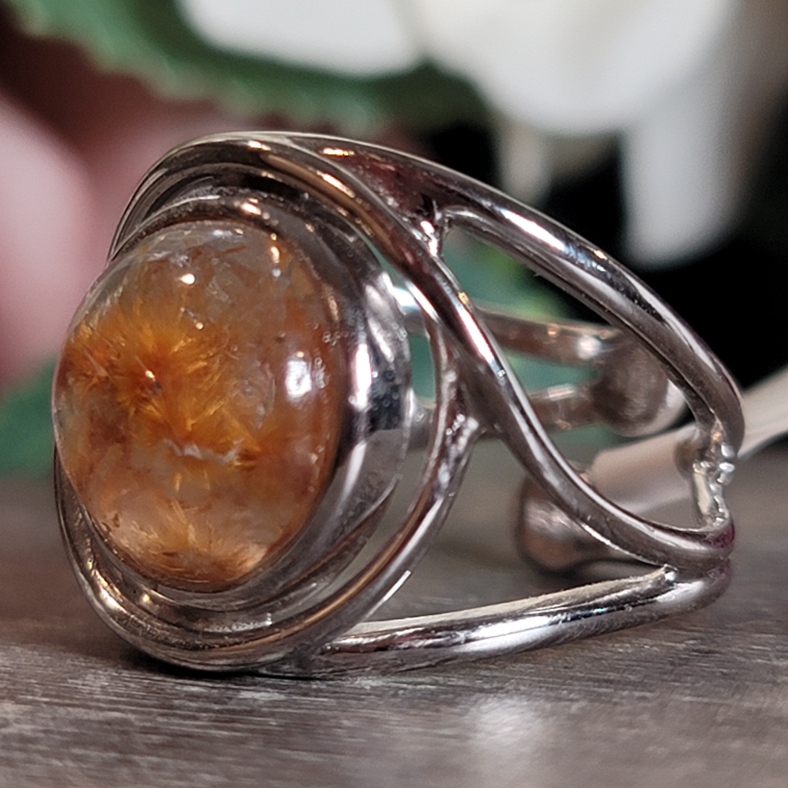 Garden Quartz with Gold Rutile Cuff Ring .925 Silver for Insight, Meditation & Shamanic Journey