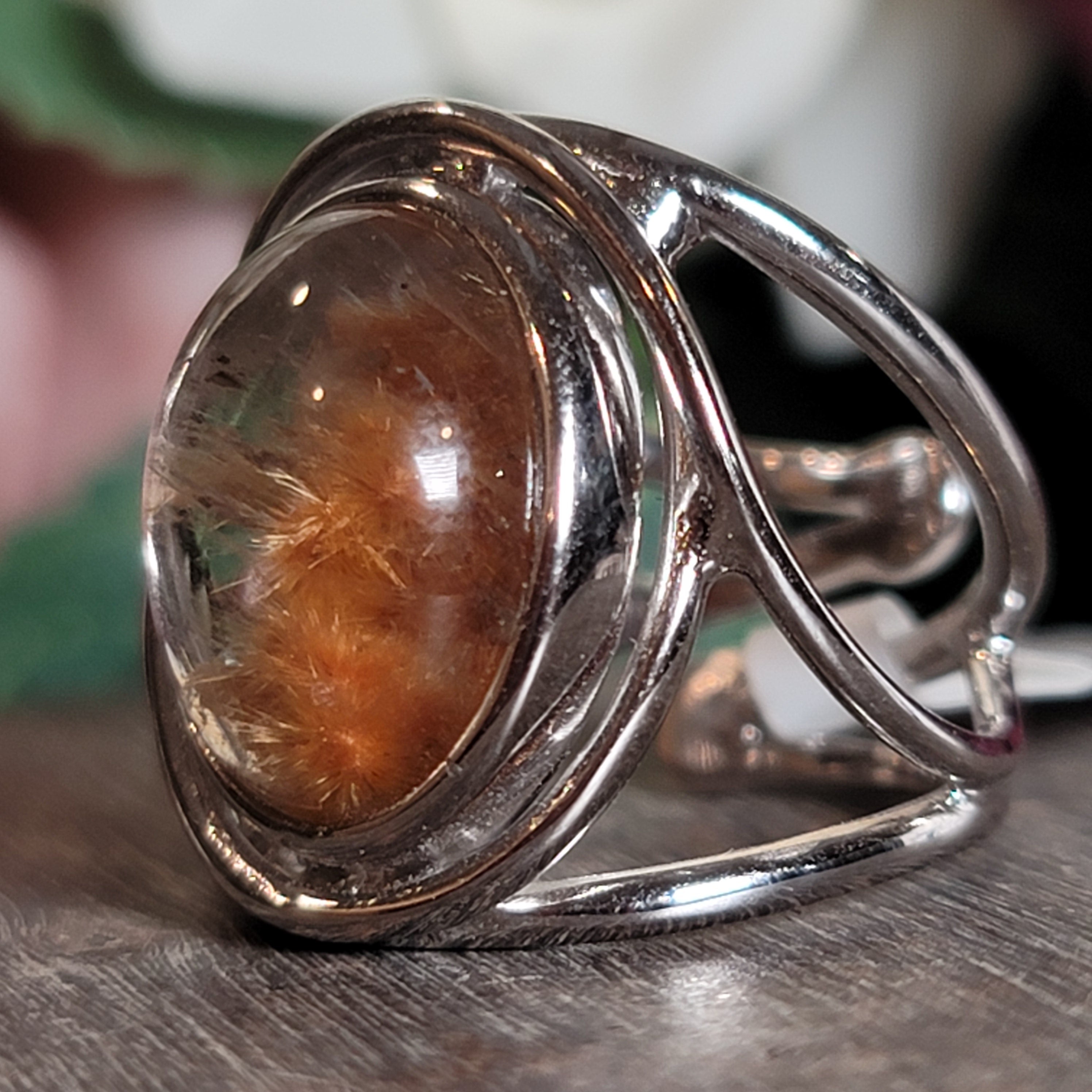 Garden Quartz with Gold Rutile Cuff Ring .925 Silver for Insight, Meditation & Shamanic Journey