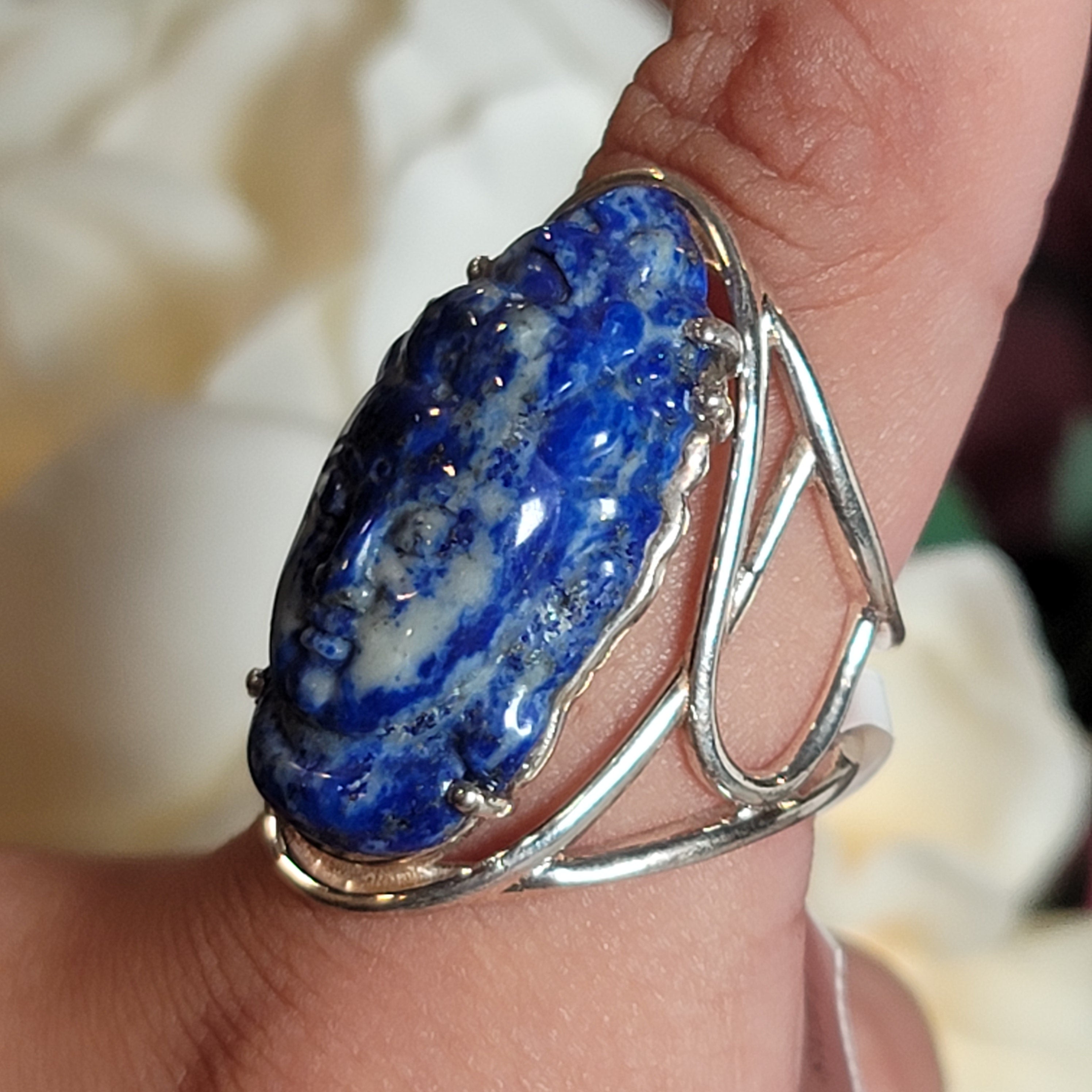 Lapis Lazuli Buddha Adjustable Cuff Ring .925 Silver for Power & Confidence