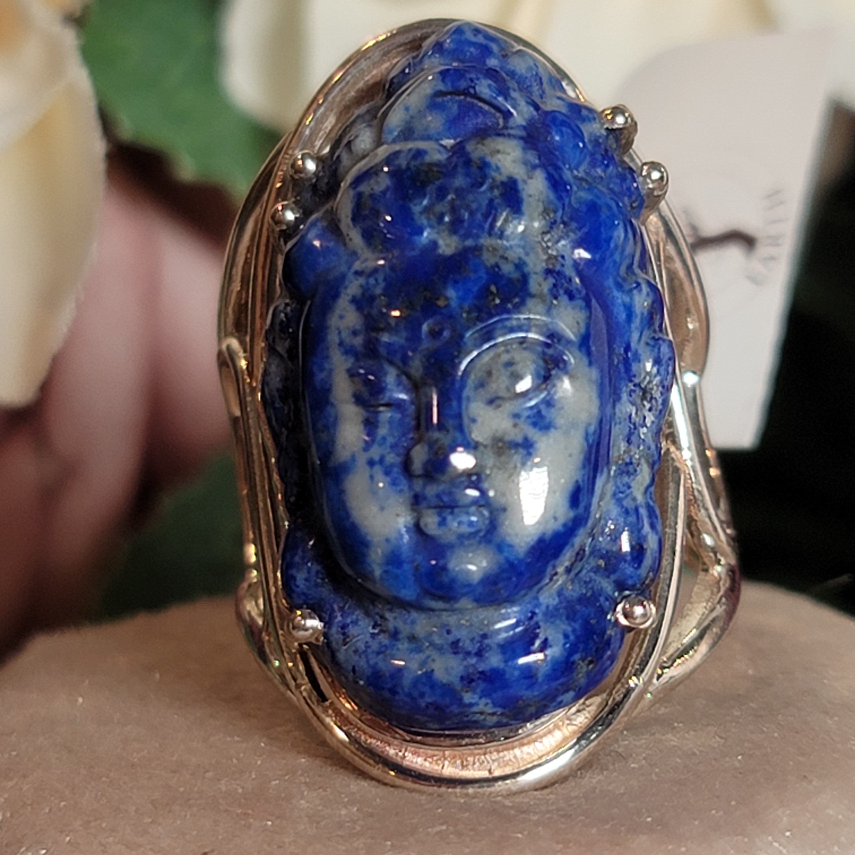 Lapis Lazuli Buddha Adjustable Cuff Ring .925 Silver for Power & Confidence