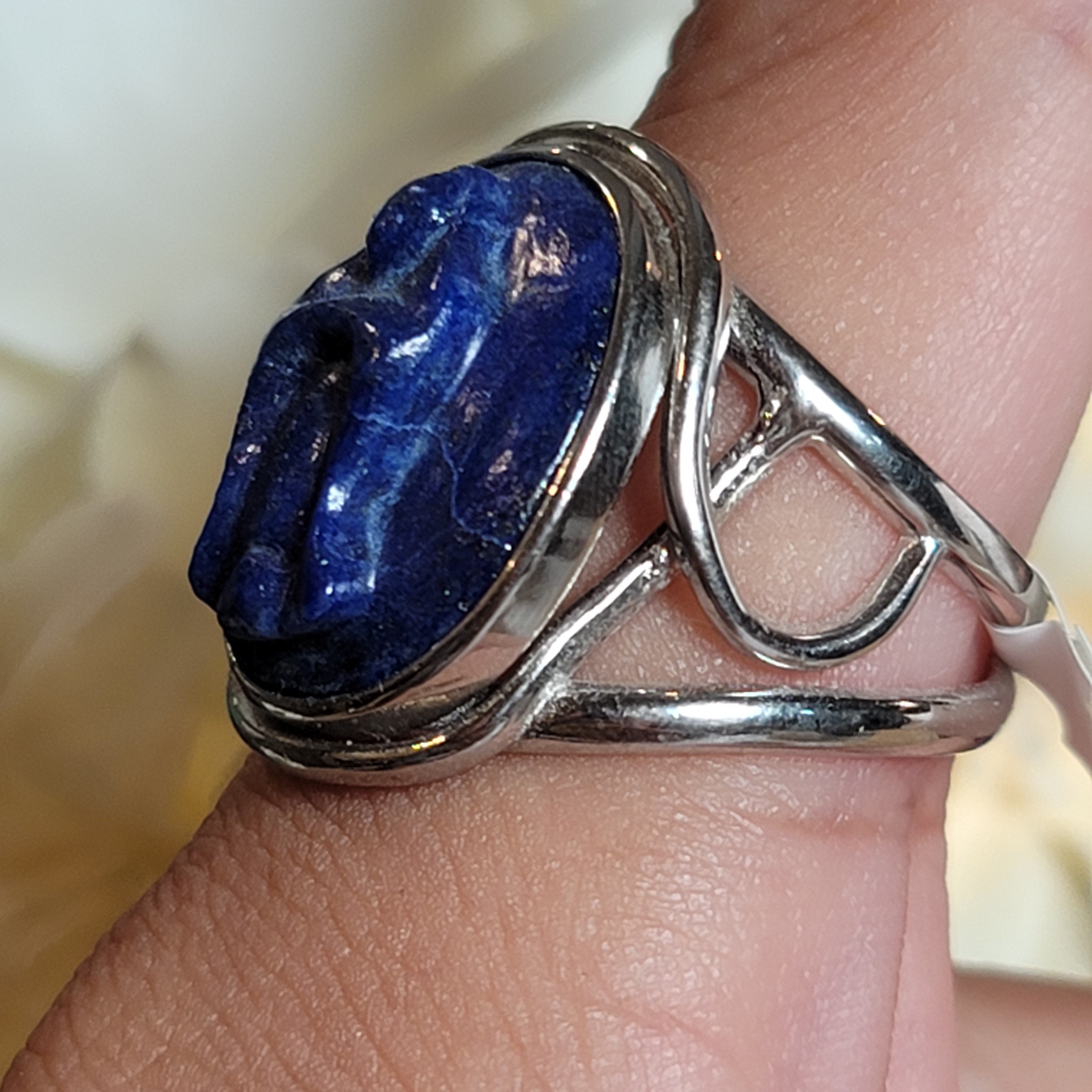 Lapis Lazuli Mother Mary Adjustable Cuff Ring .925 Silver for Power & Confidence