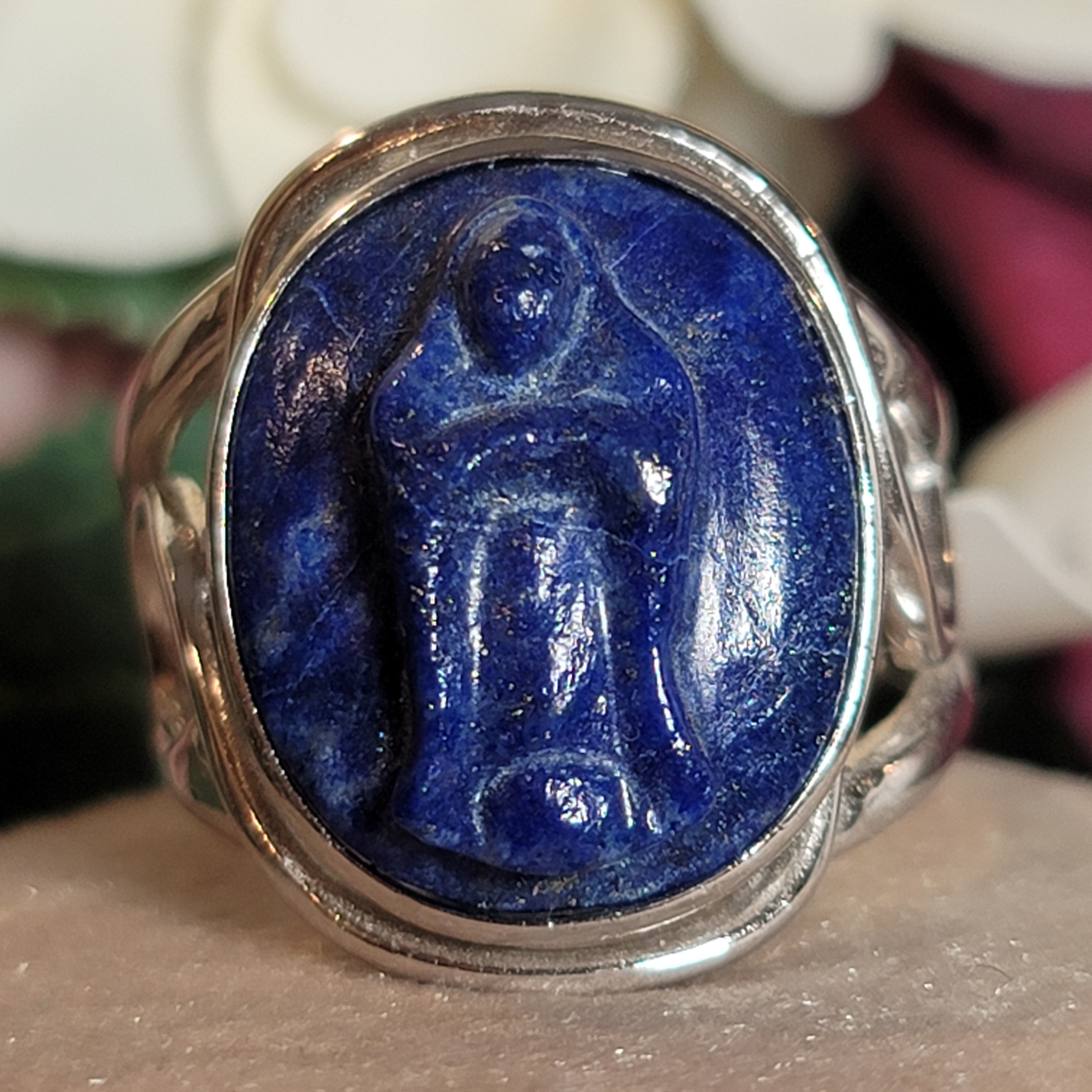 Lapis Lazuli Mother Mary Adjustable Cuff Ring .925 Silver for Power & Confidence