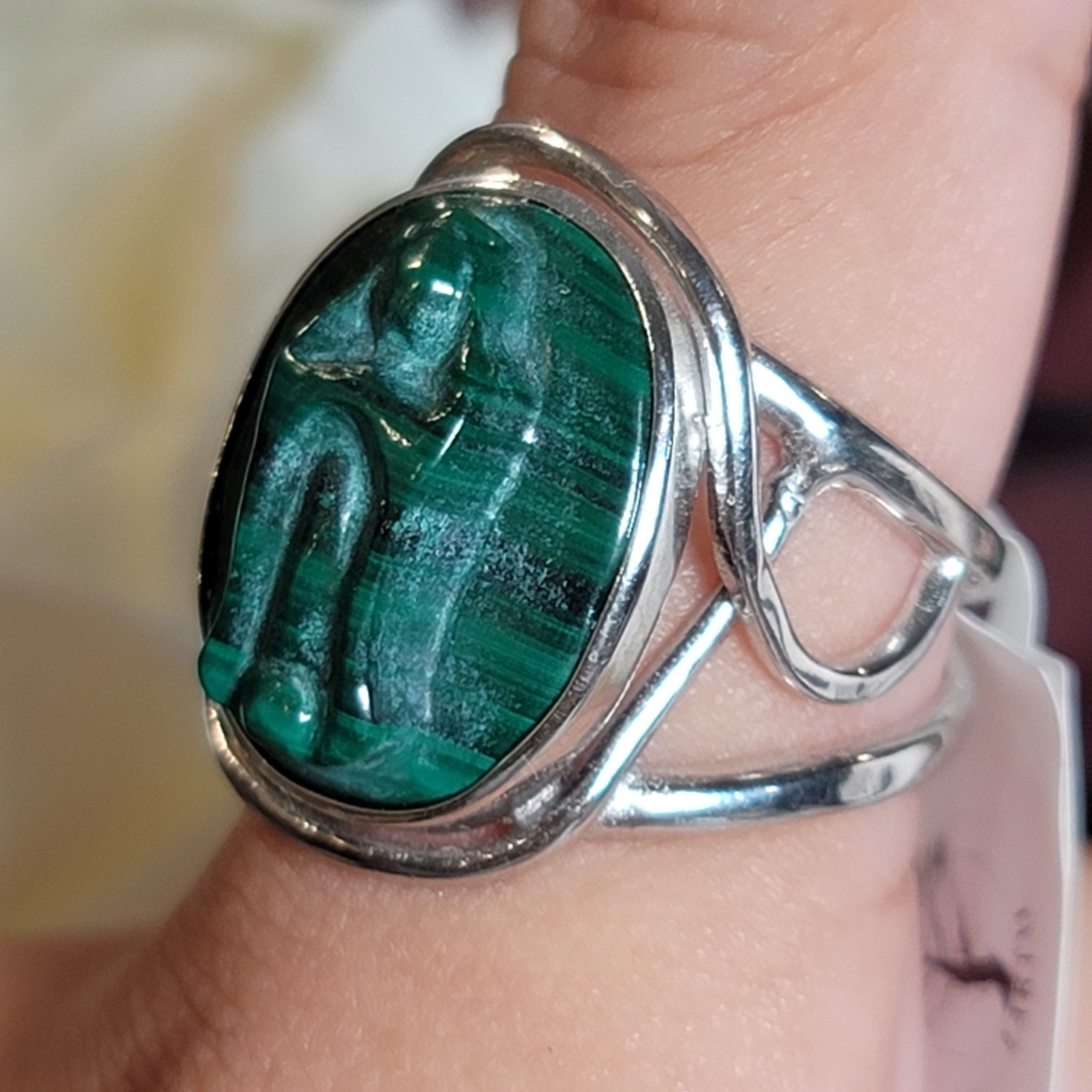 Malachite Mother Mary Adjustable Cuff Ring .925 Silver for Love, Transformation and Wealth