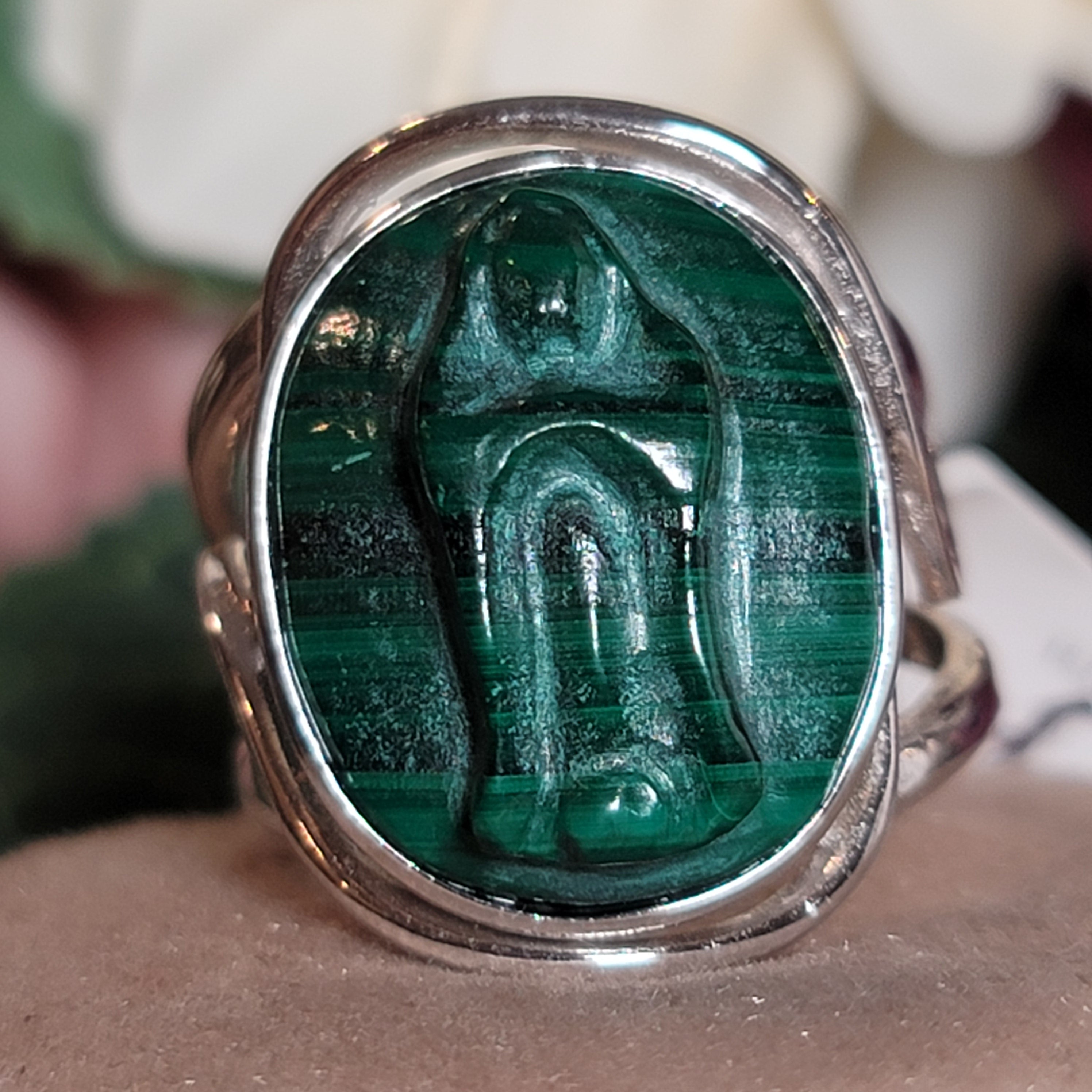 Malachite Mother Mary Adjustable Cuff Ring .925 Silver for Love, Transformation and Wealth