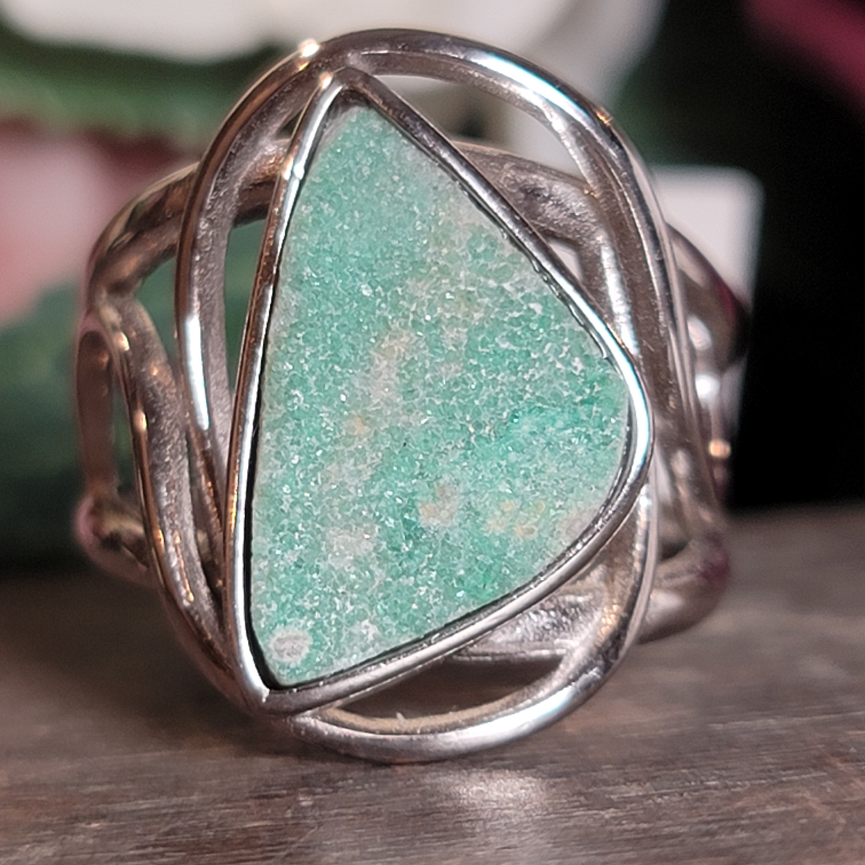 Druzy Variscite Adjustable Cuff Ring .925 Silver for Emotional Healing, Joy, Love and Prosperity