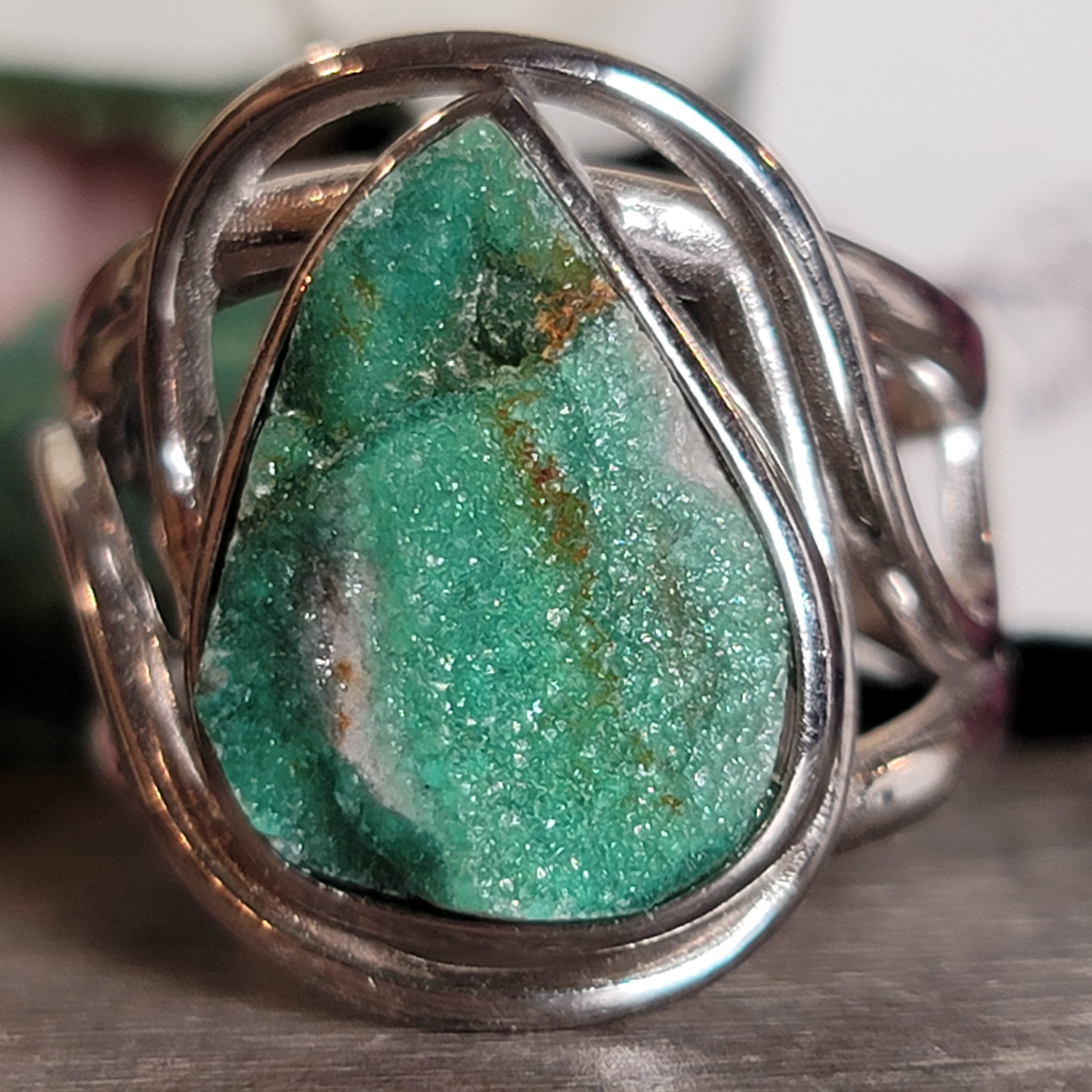 Druzy Variscite Adjustable Cuff Ring .925 Silver for Emotional Healing, Joy, Love and Prosperity