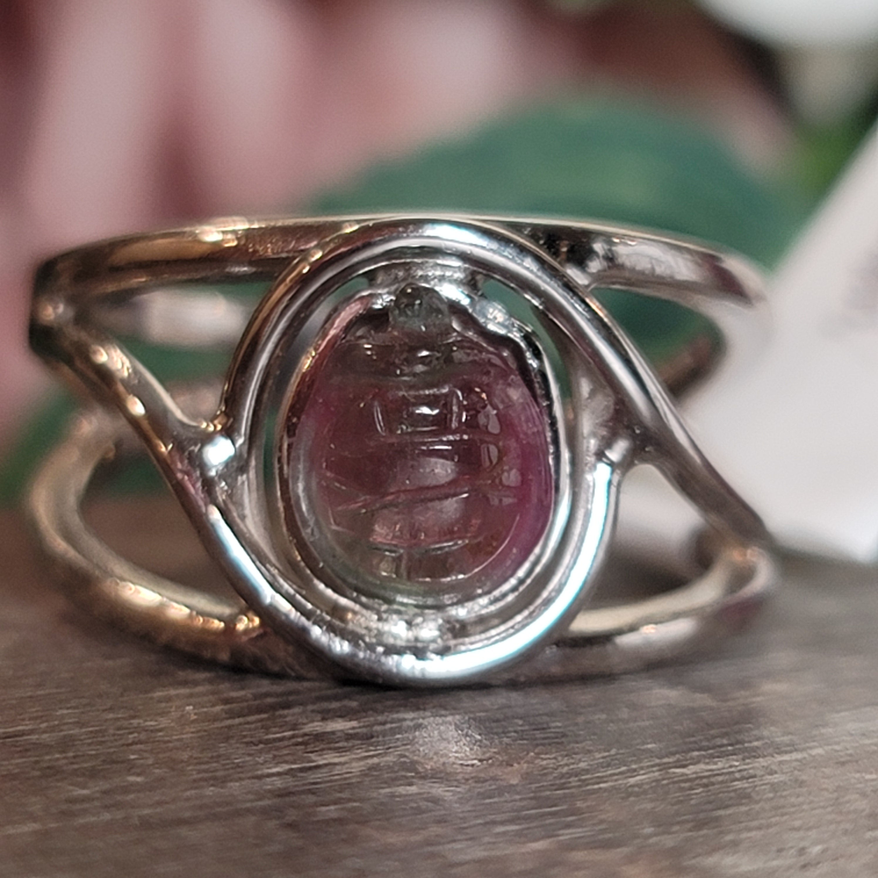 Watermelon Tourmaline Turtle Cuff Ring .925 Silver for Profound Heart Healing