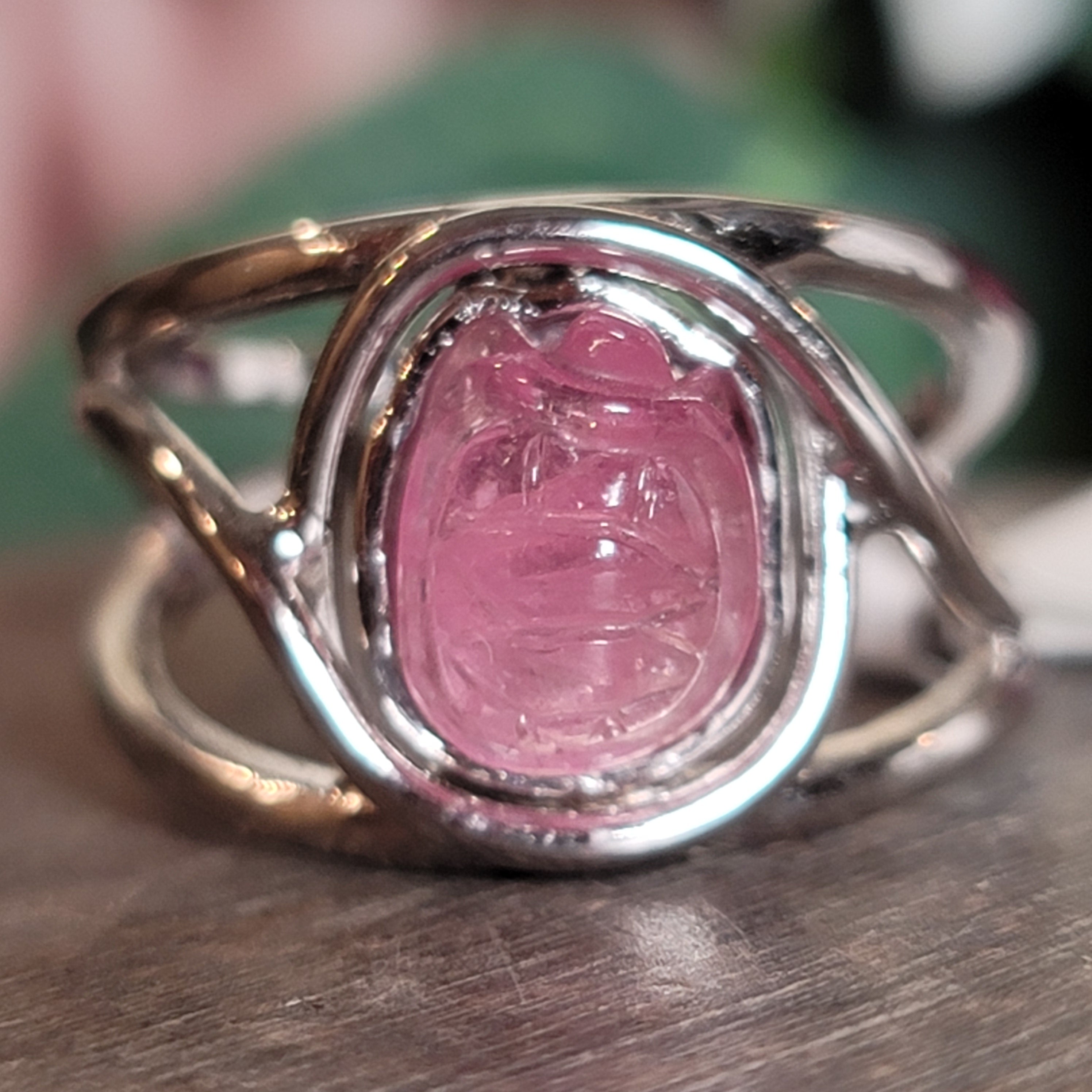 Watermelon Tourmaline Turtle Cuff Ring .925 Silver for Profound Heart Healing