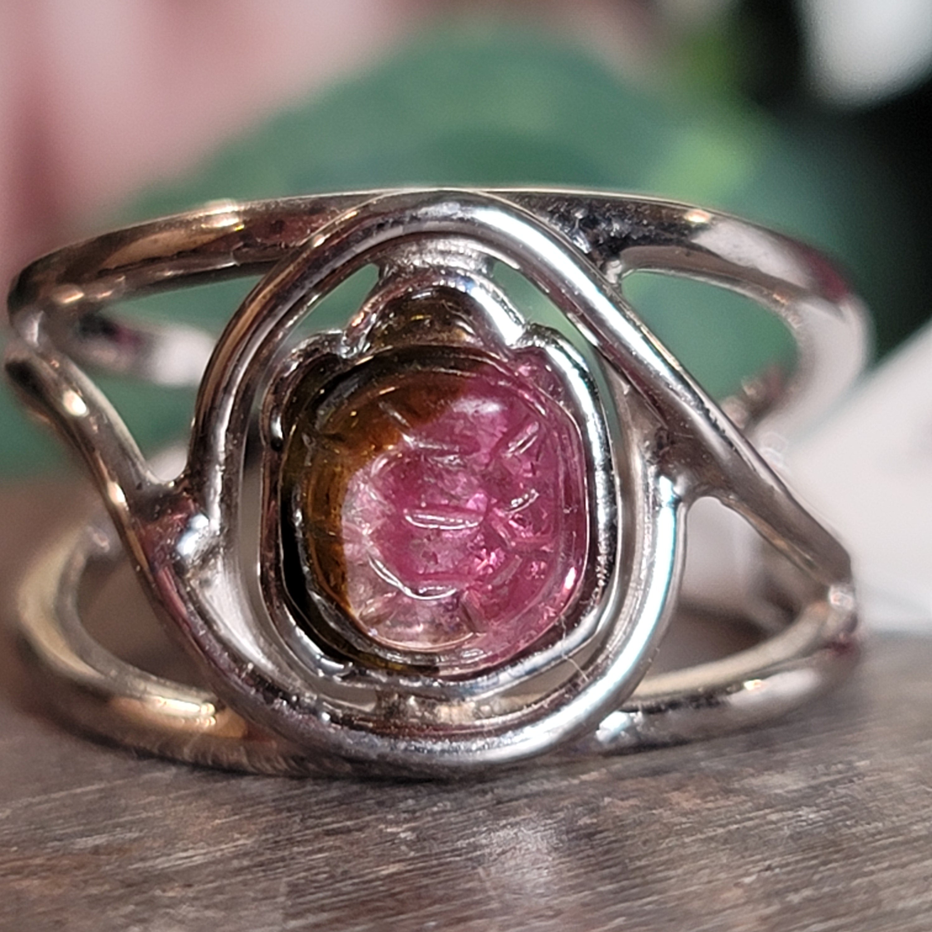 Watermelon Tourmaline Turtle Cuff Ring .925 Silver for Profound Heart Healing