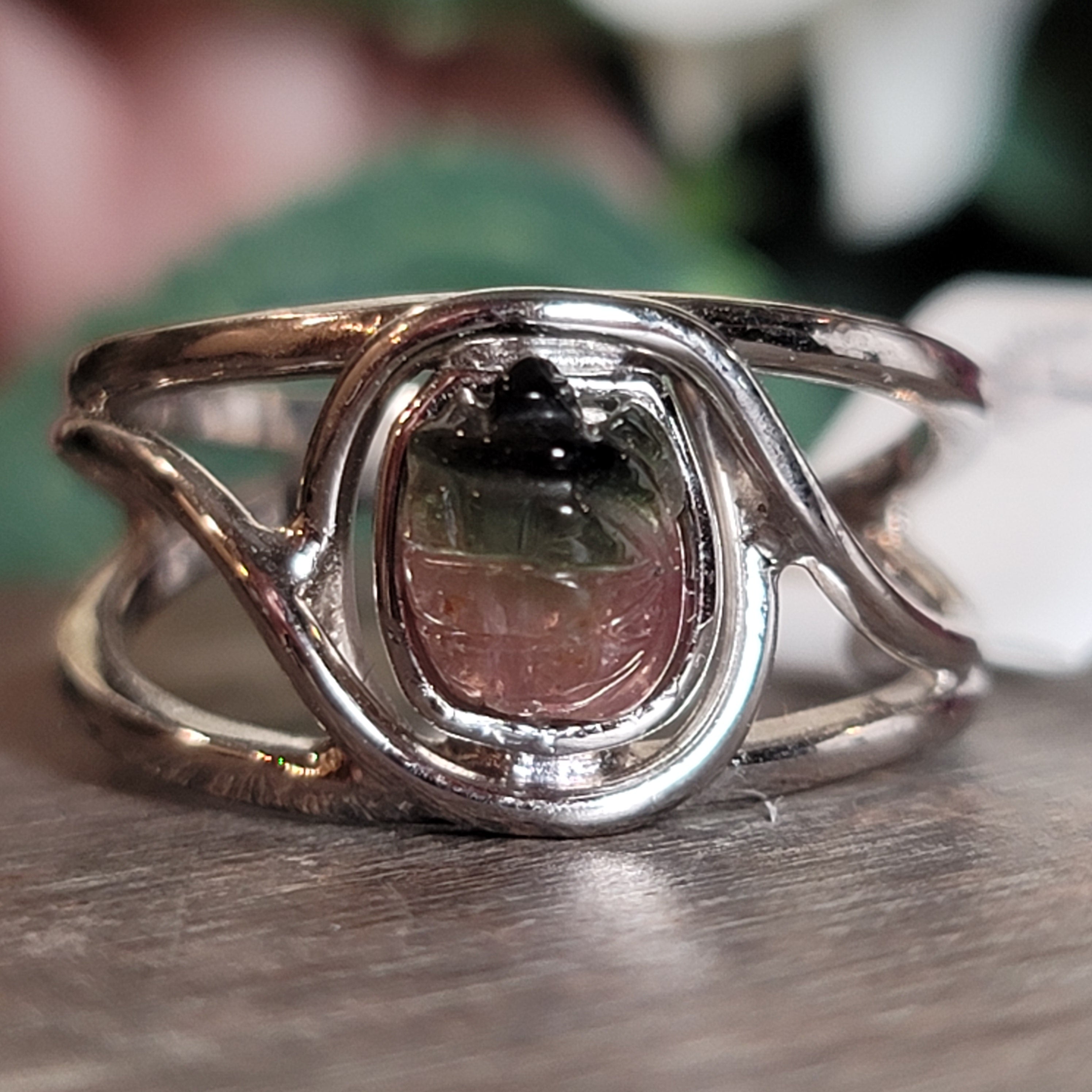 Watermelon Tourmaline Turtle Cuff Ring .925 Silver for Profound Heart Healing