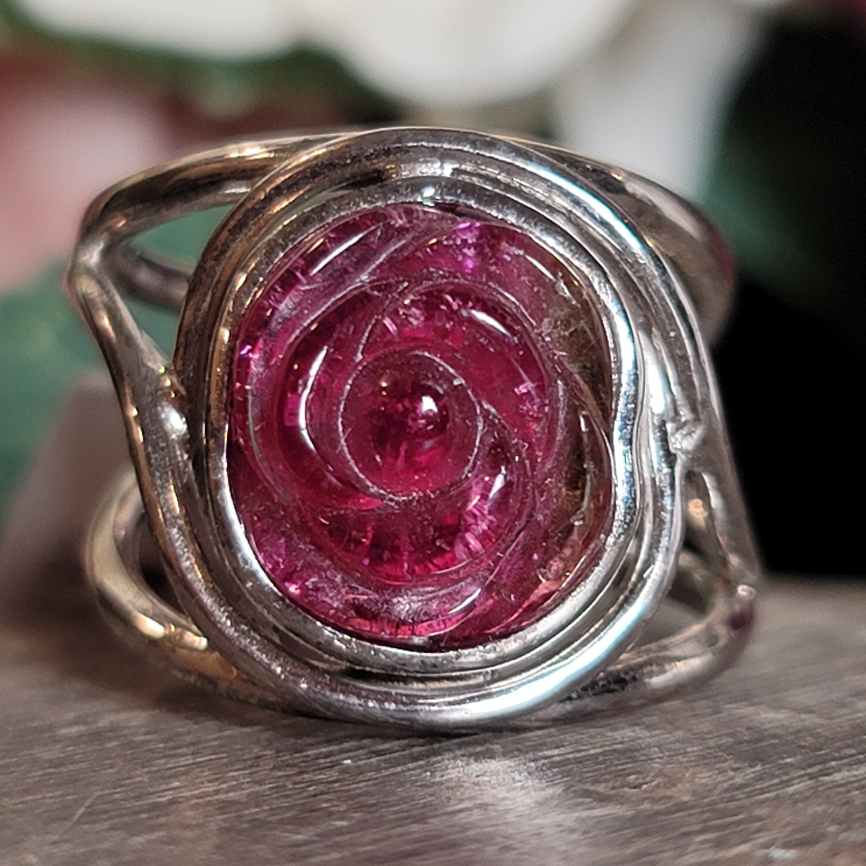 Watermelon Tourmaline Rose Cuff Ring .925 Silver for Profound Heart Healing