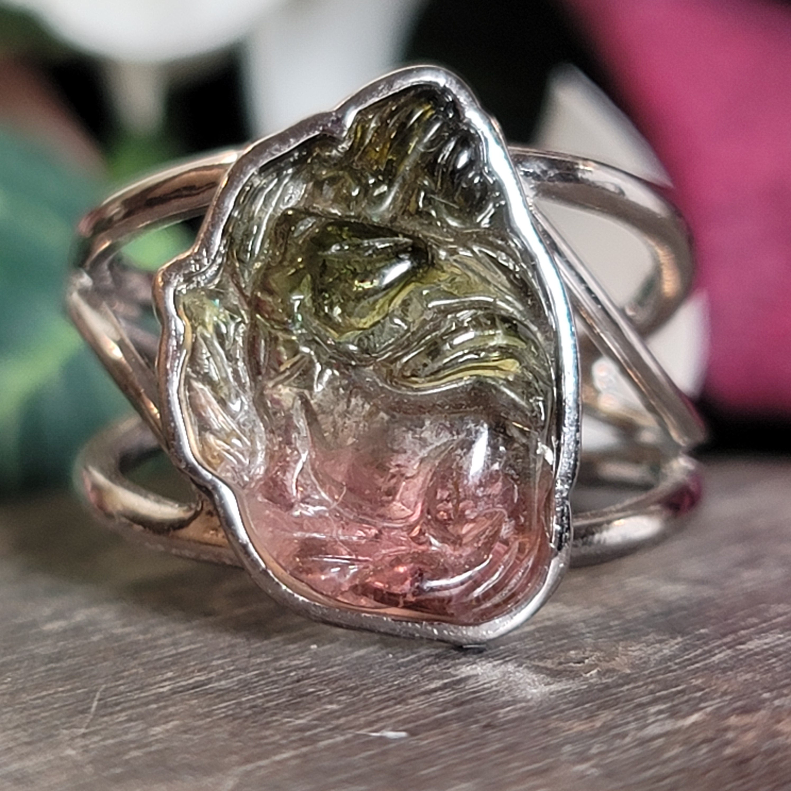 Watermelon Tourmaline Fox Cuff Ring .925 Silver for Profound Heart Healing