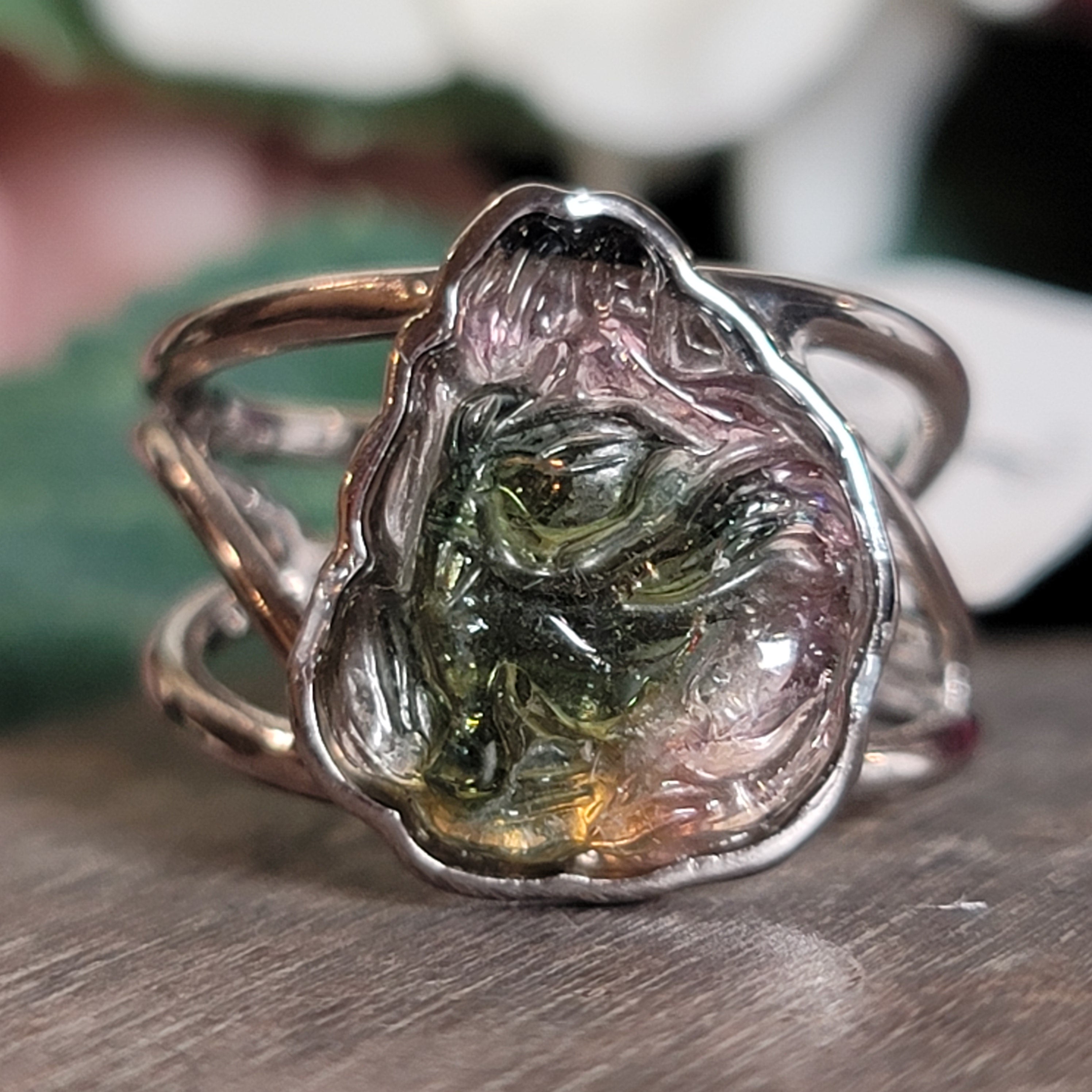 Watermelon Tourmaline Fox Cuff Ring .925 Silver for Profound Heart Healing