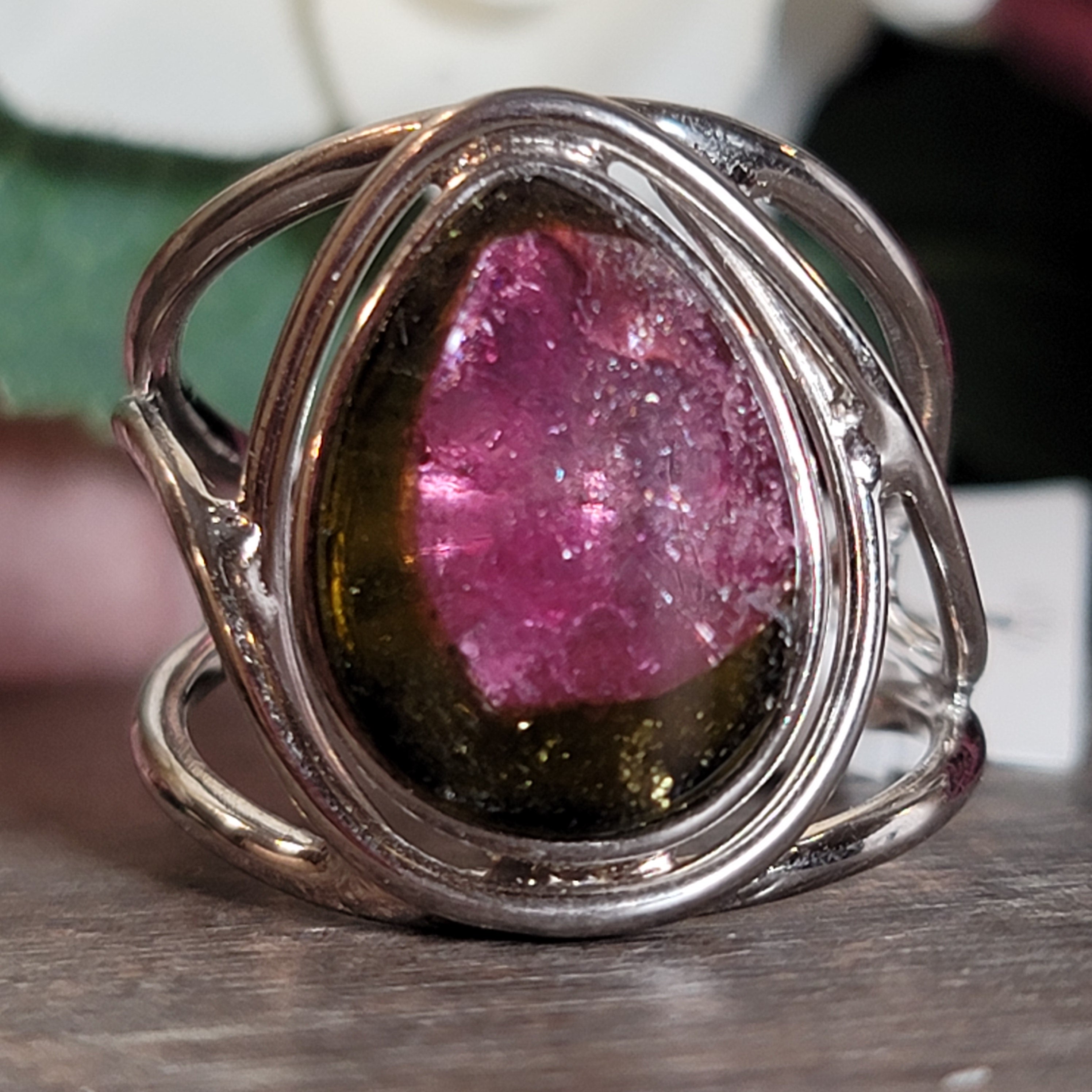 Watermelon Tourmaline Cuff Ring .925 Silver for Profound Heart Healing