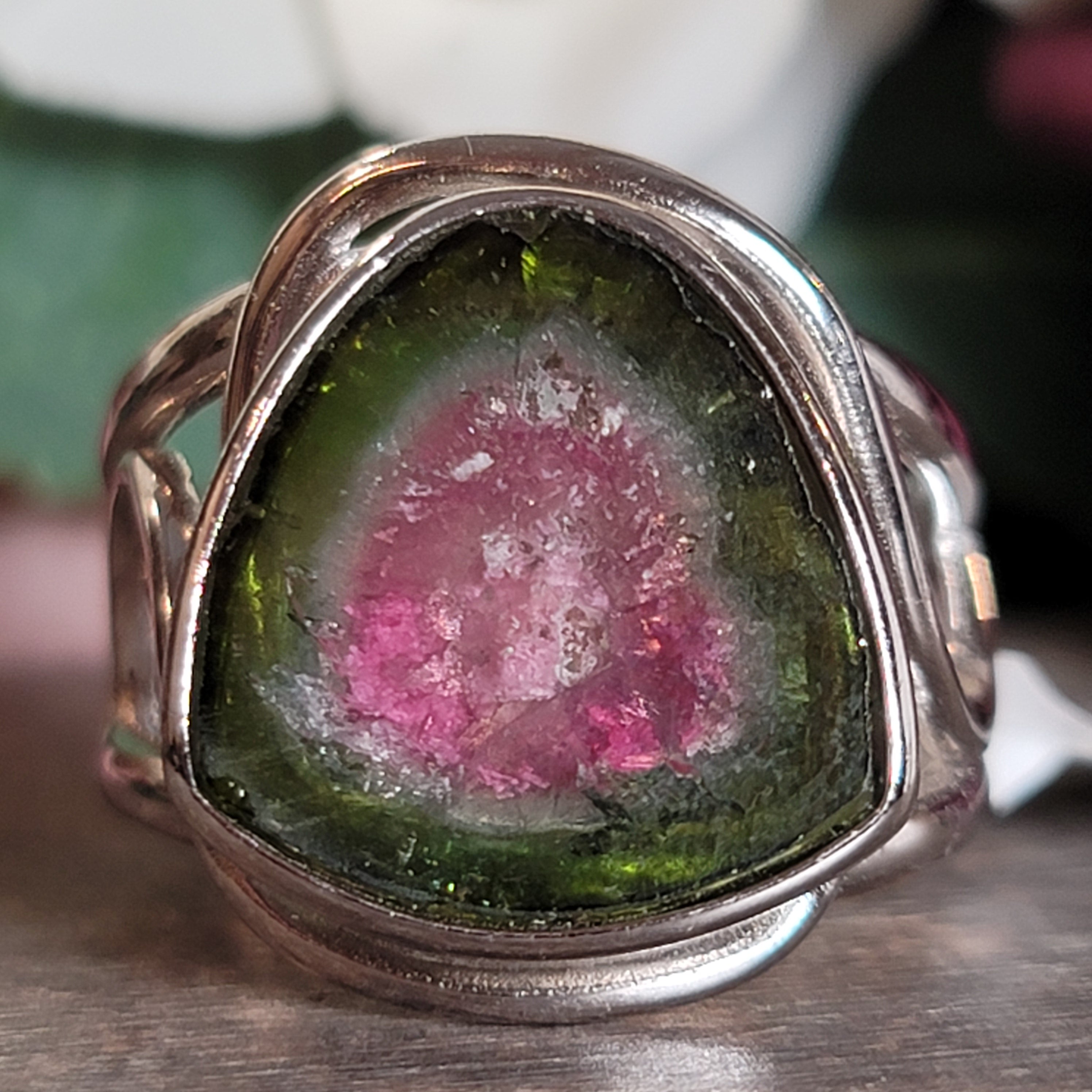 Watermelon Tourmaline Cuff Ring .925 Silver for Profound Heart Healing