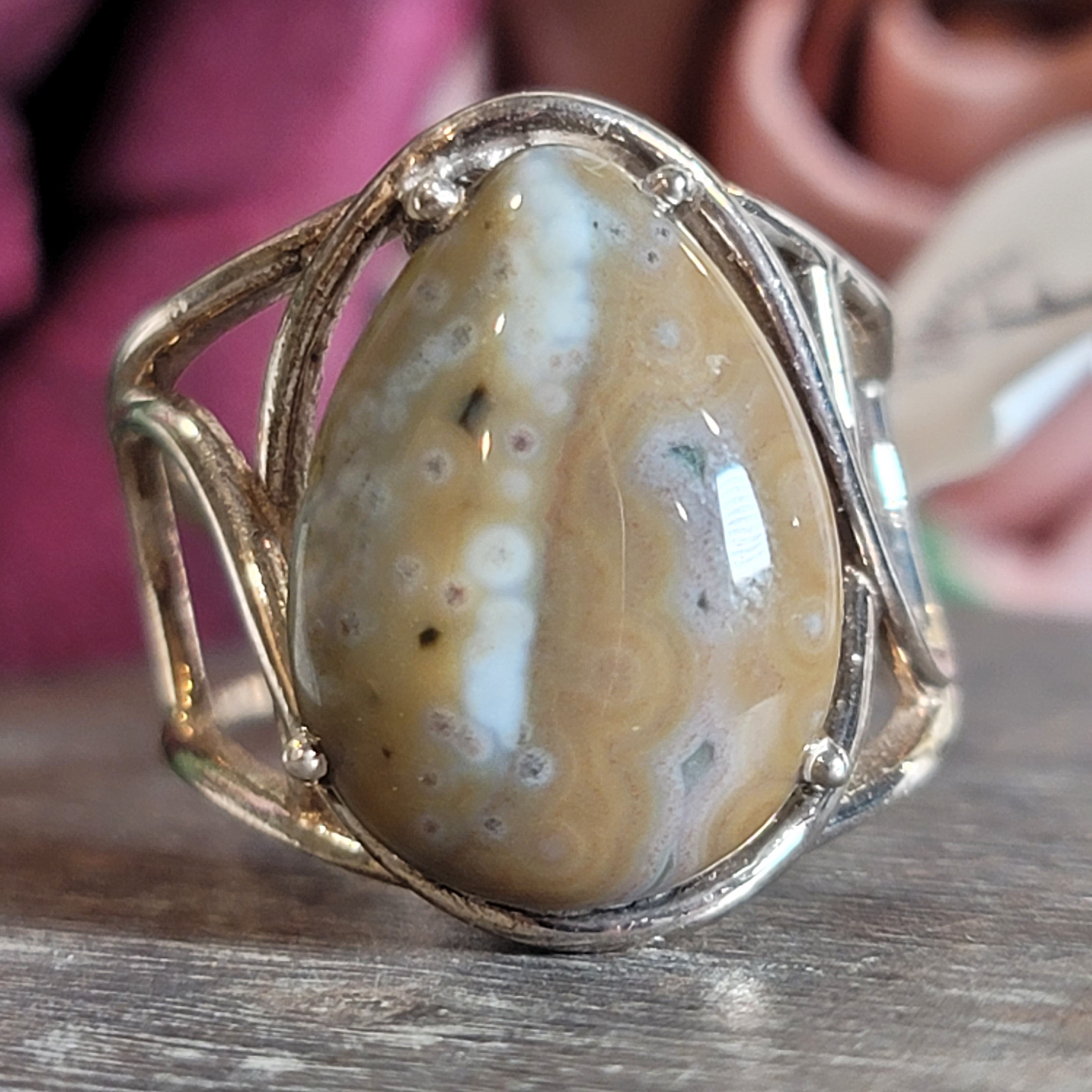 Orbicular "Ocean" Jasper Adjustable Ring Cuff .925 Silver for Joy and Peace