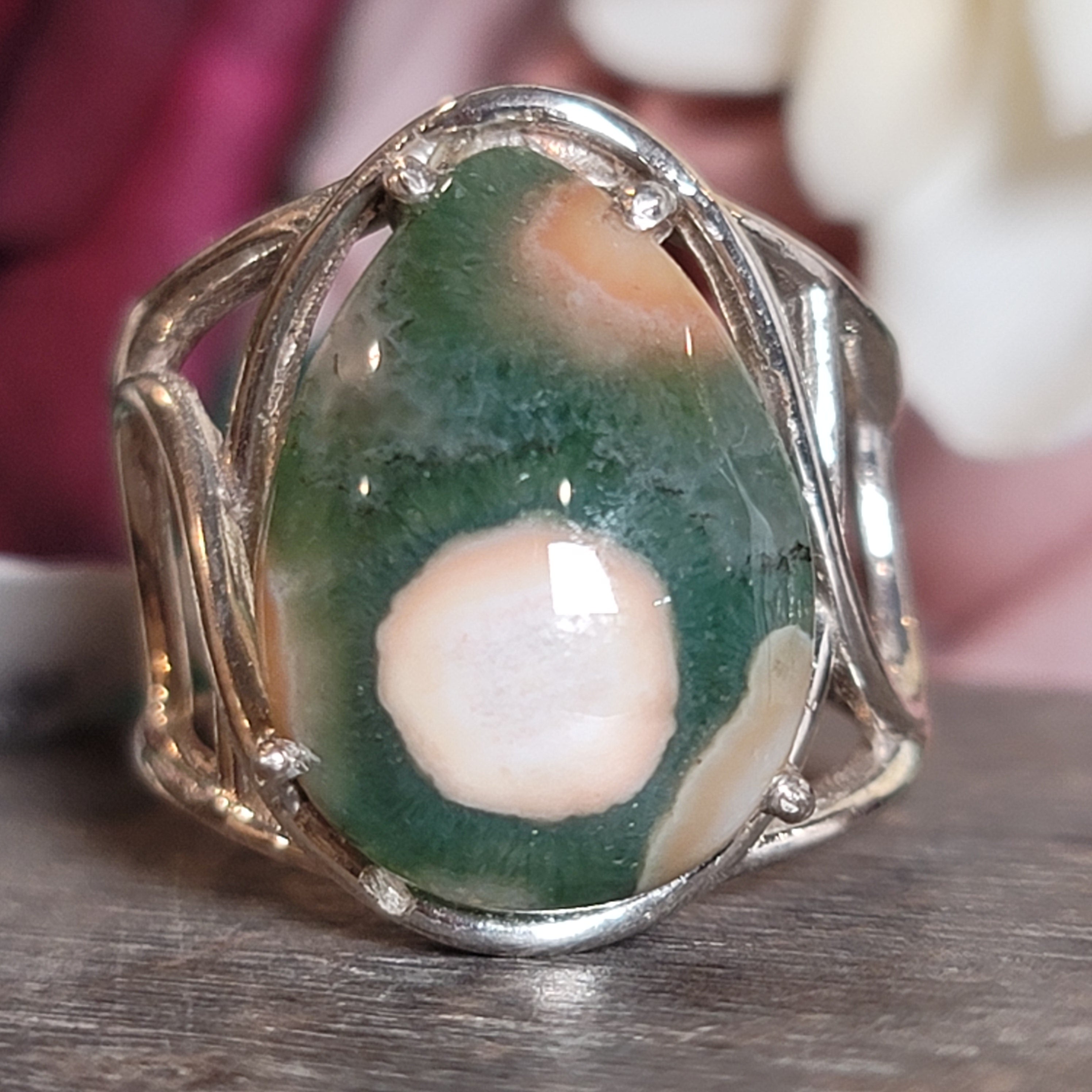 Orbicular "Ocean" Jasper Adjustable Ring Cuff .925 Silver for Joy and Peace