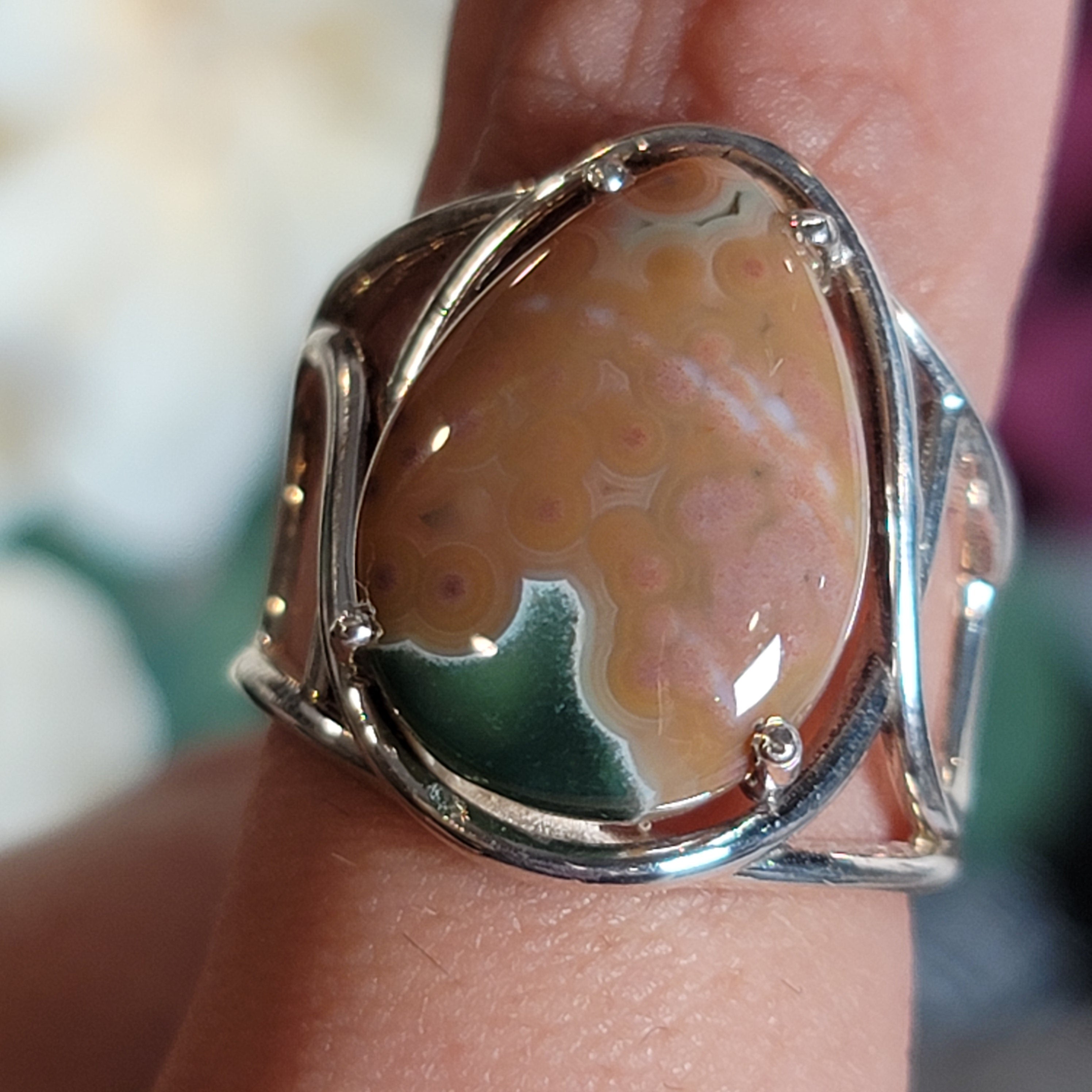 Orbicular "Ocean" Jasper Adjustable Ring Cuff .925 Silver for Joy and Peace