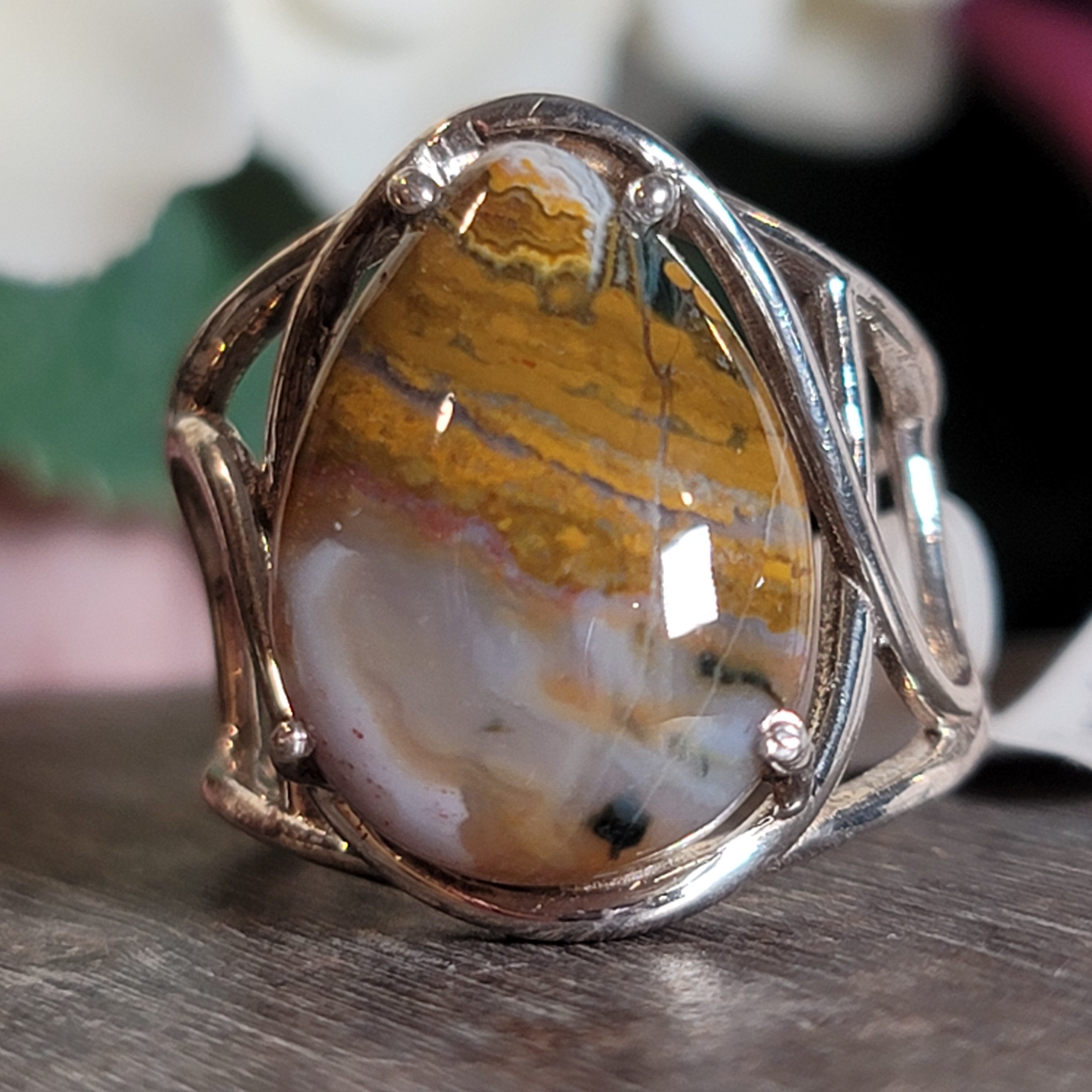 Orbicular "Ocean" Jasper Adjustable Ring Cuff .925 Silver for Joy and Peace